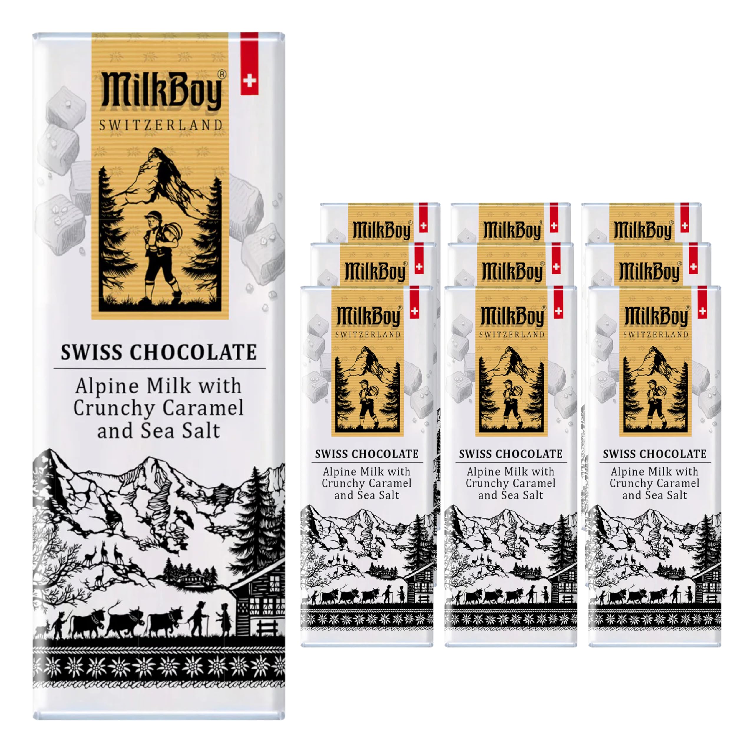 Milkboy Swiss Milk Chocolates - Premium Alpine Milk Chocolate Bars with Crunchy Caramel & Sea Salt - Made in Switzerland - GMO Free - Each 1.4 oz - 10 Pack