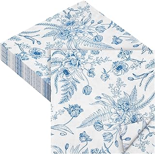 Aodaer 48 Pieces Floral Paper Napkins Disposable Blue Floral Napkins Blue and White Cocktail Dinner Napkin Set 13" x 13" Unfolded Decoupage Tableware Napkins for Garden Party Supplies