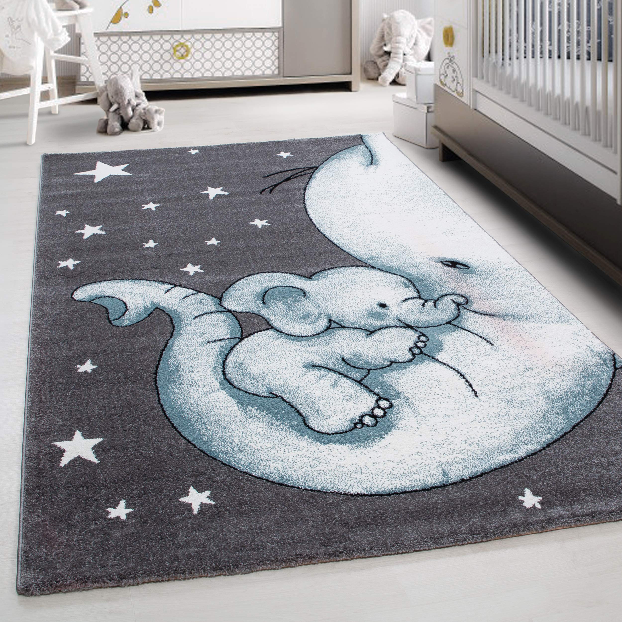 Tappeto per bambini con design elefante, morbido e soffice, adatto per cameretta dei bambini, tappeto a pelo corto, facile da pulire Misurare: 120 x 170 cm Colore: Blu-3