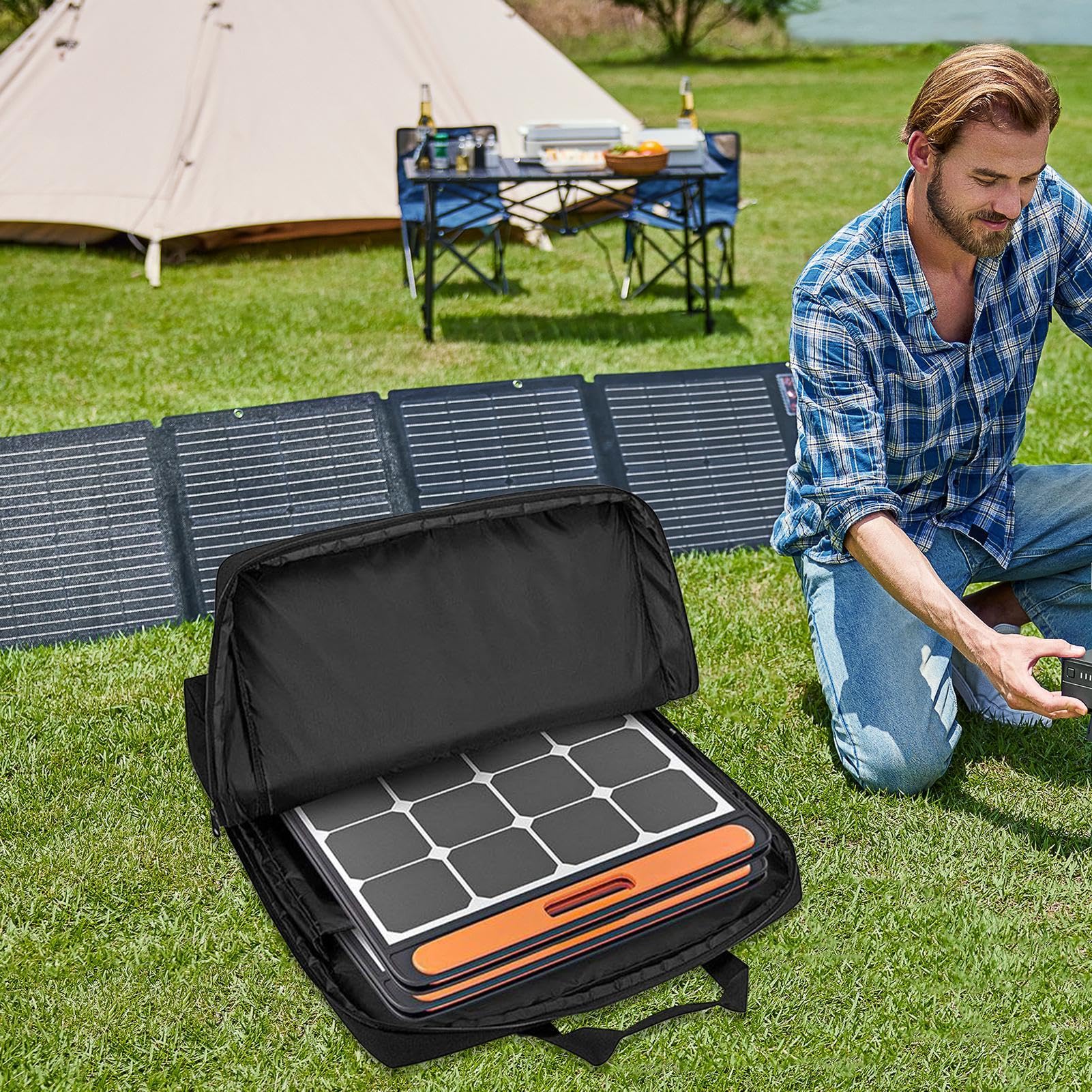 Solar Panel Bag, Double-Layer Travel Organizer, Waterproof Padded Nylon, Multi-Pocket Design, Shoulder Strap Included, for Outdoor Use, 25.51x22.01x4.49 Inches