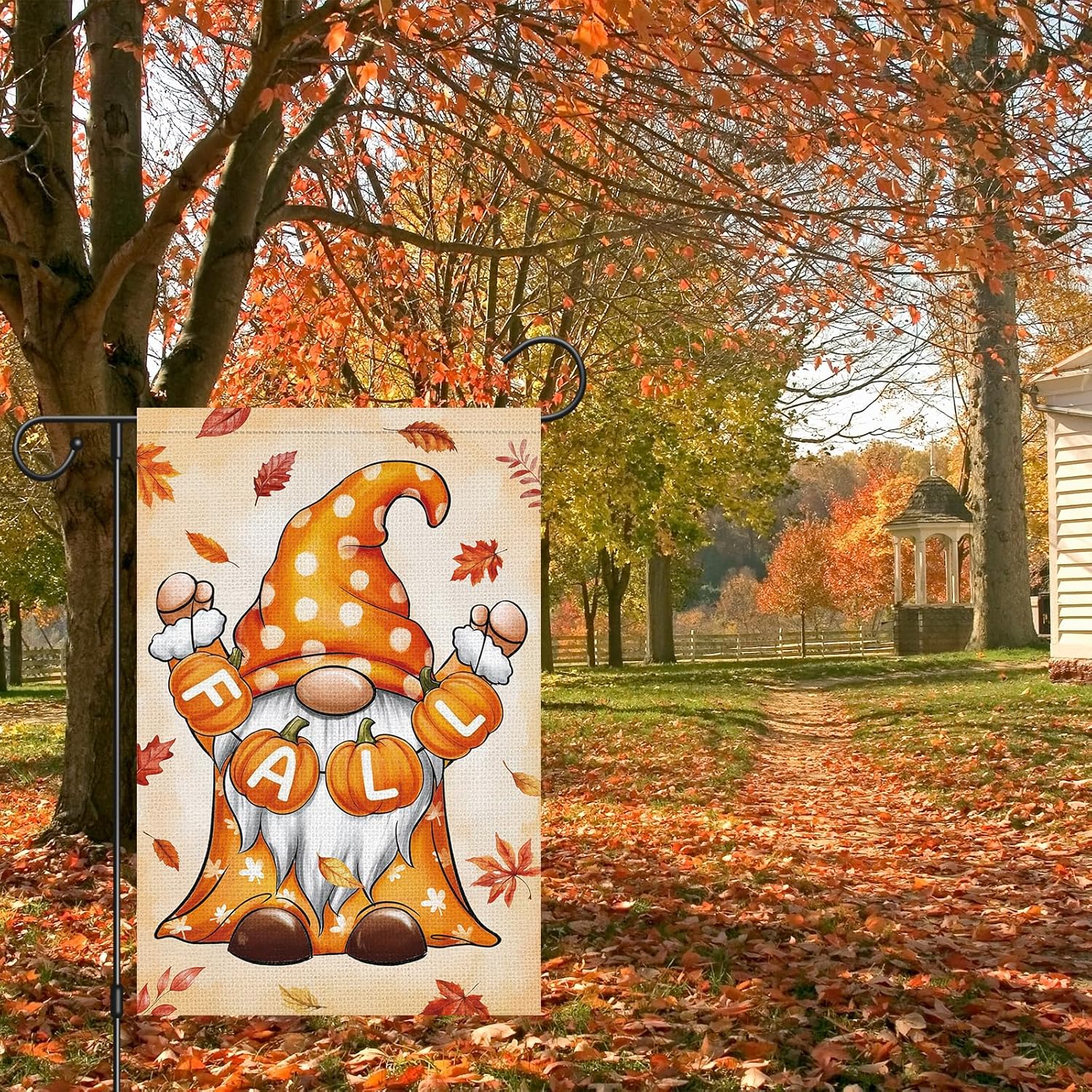 Heyfibro Fall Gnome Garden Flag 12x18 Double Sided Burlap, Autumn Pumpkin Maple Leaves Yard Flags for Thanksgiving Rustic Seasonal Outside Outdoor Decoration (ONLY FLAG) - Image 2