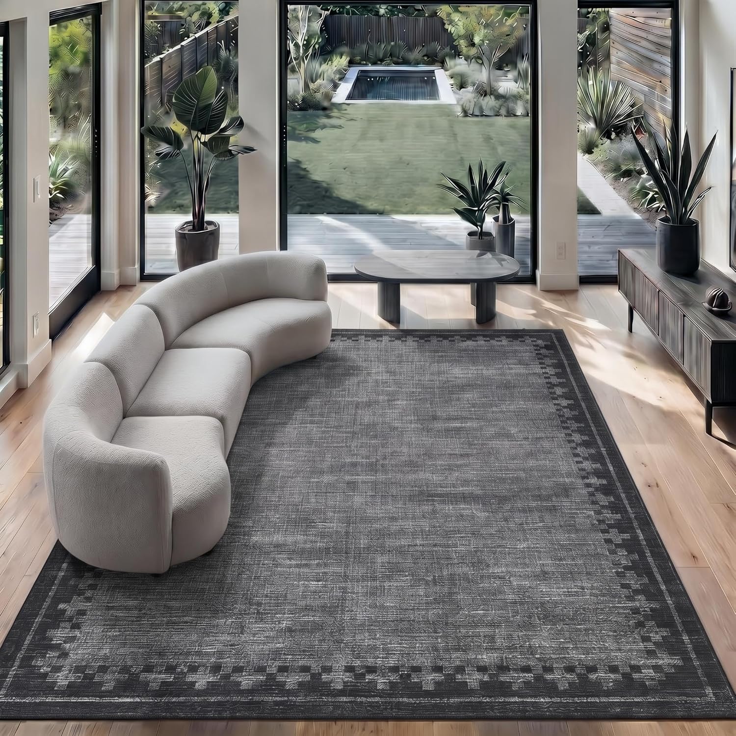 GarveeHome 8x10 Rug Machine Washable for Living Room Bedroom Geometric Bordered Non Slip Neutral Black Grey Carpet Modern Low Pile Area Rugs for Home Office Guest Room, Grey