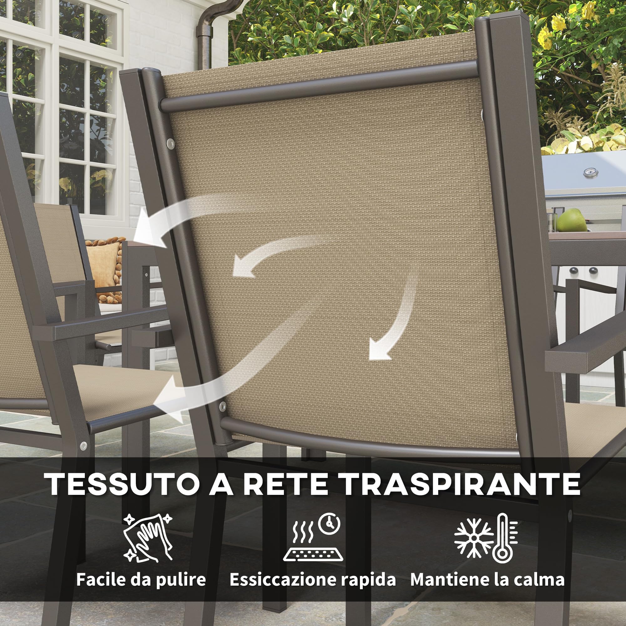 Outsunny Set da Giardino 7 Pezzi in Acciaio e Plastica, Set Mobili da Esterno con 6 Sedie Impilabili e Tavolo Rettangolare, Kaki e Marrone