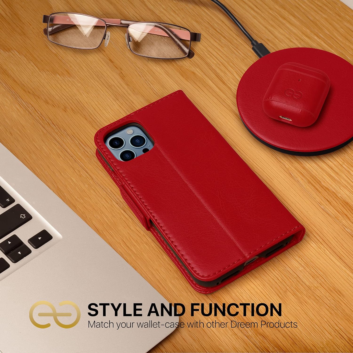 Dreem Bundle: Fibonacci Wallet-Case for iPhone 13 Pro Max with Om for Apple AirPods 3 Case [RED]
