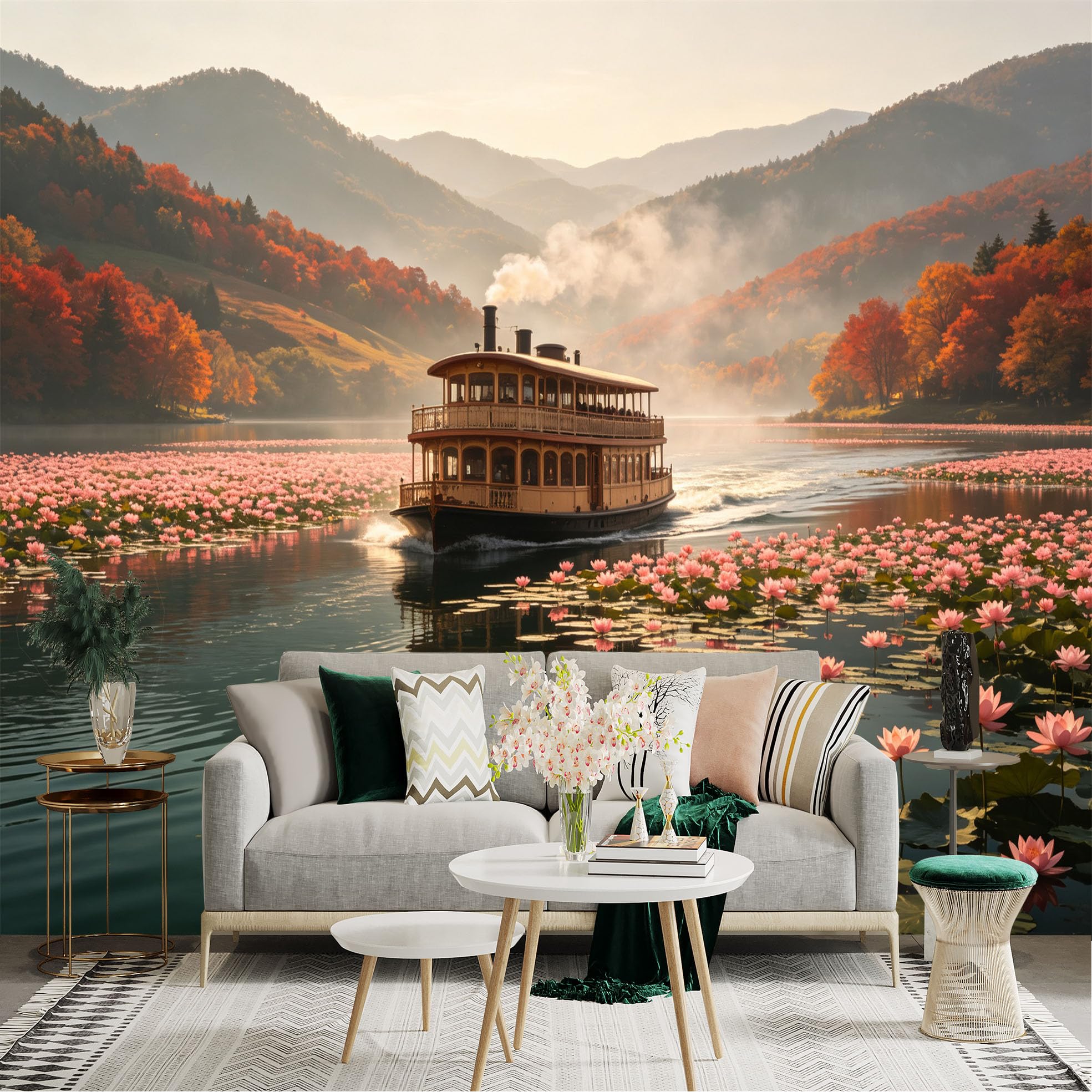 Custom Size Wall Sticker Mural， Steam Boat on Lake， Pink Lotus Flowers， Autumn Mountain Scenery， for wall Decoration， peelandstick wall Decals.
