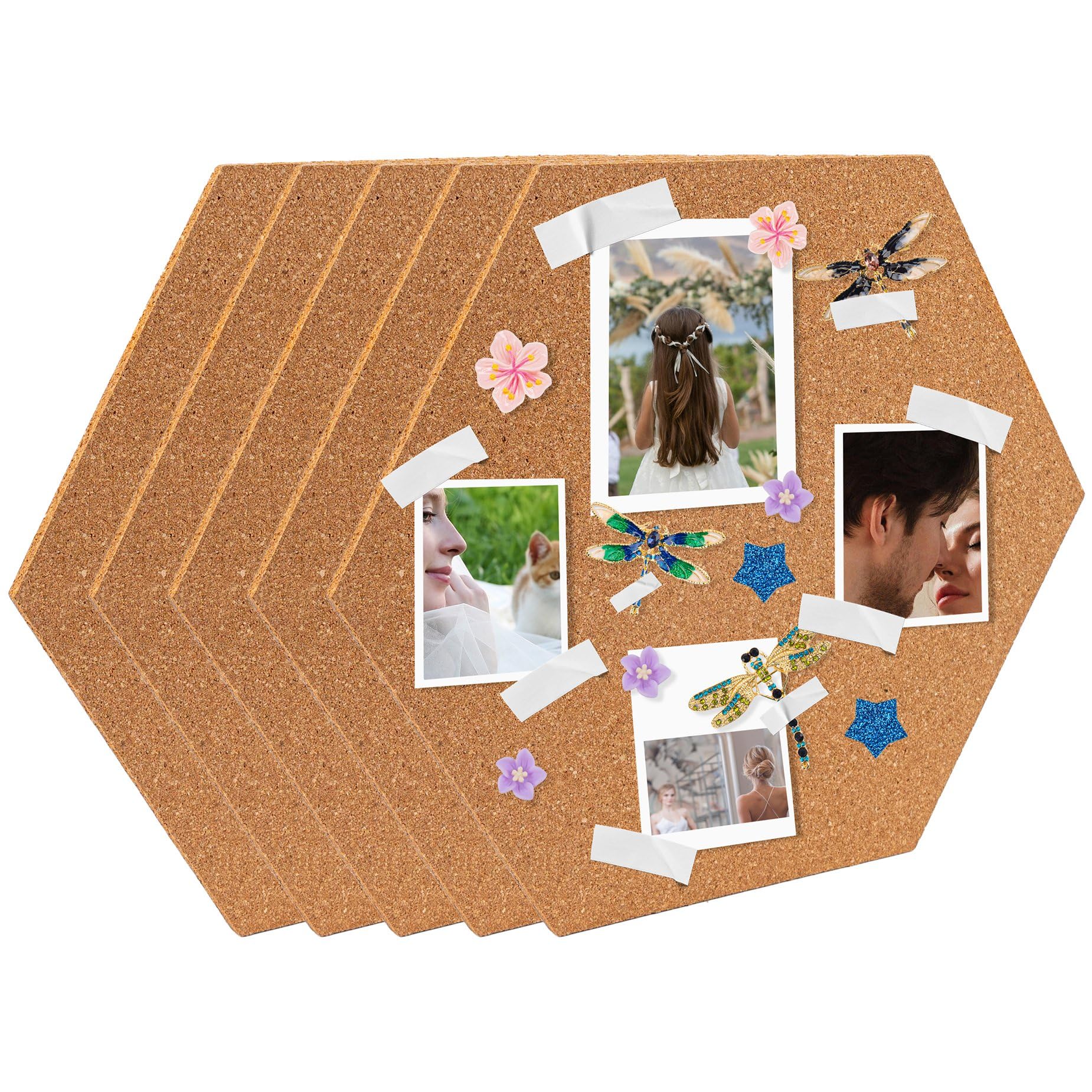 Framendino, 5 Pack Hexagon Cork Board Tiles Wall Large Self Adhesive Decorative Bulletin Corkboard for Memos Photos Display