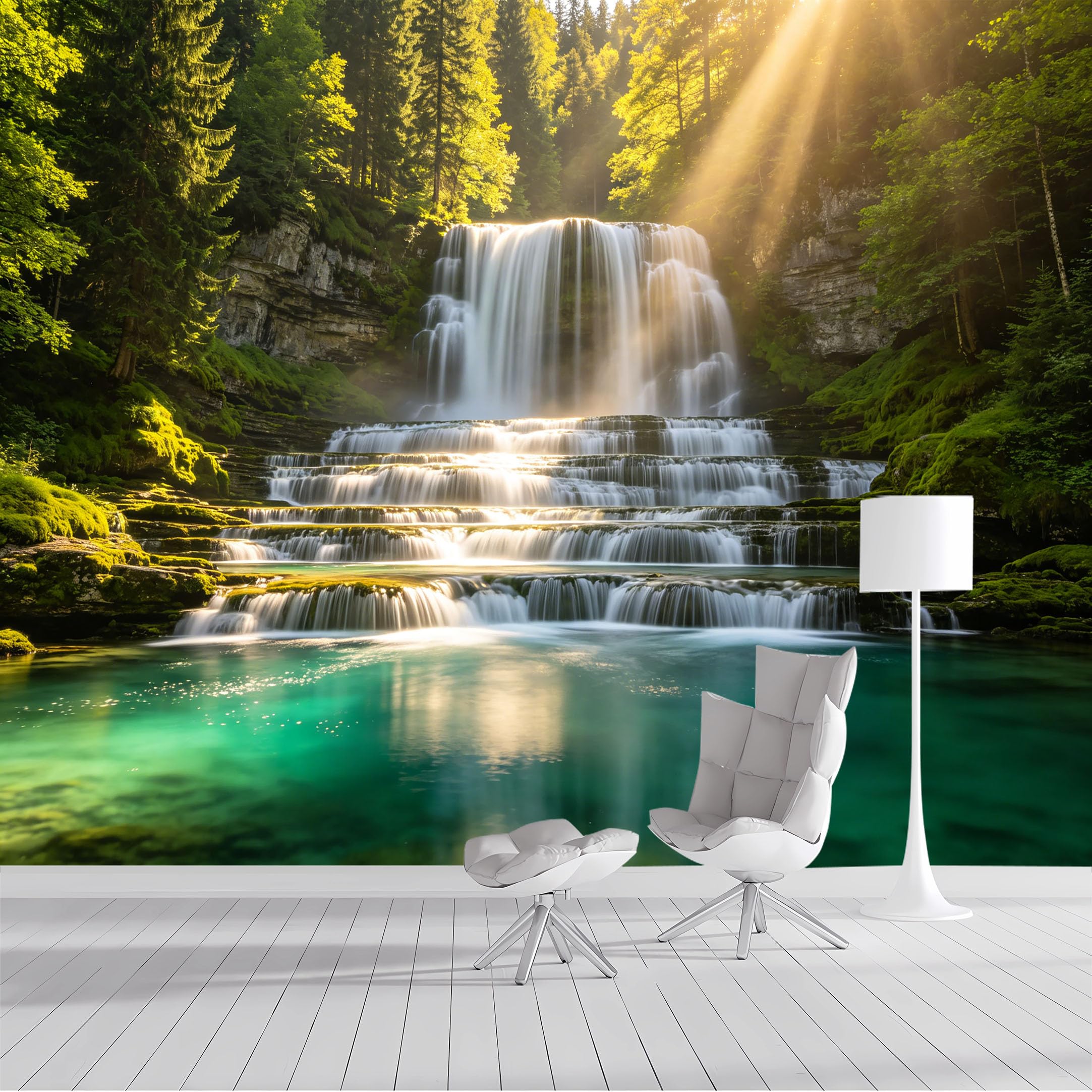 Custom Size Wall Mural Forest Waterfall Sunlight Landscape Nature Scenic View SelfAdhesive Wall Fabric Removable Peel and Stick Wallpaper Wall Decor for Living Room Bedroom Bathroom