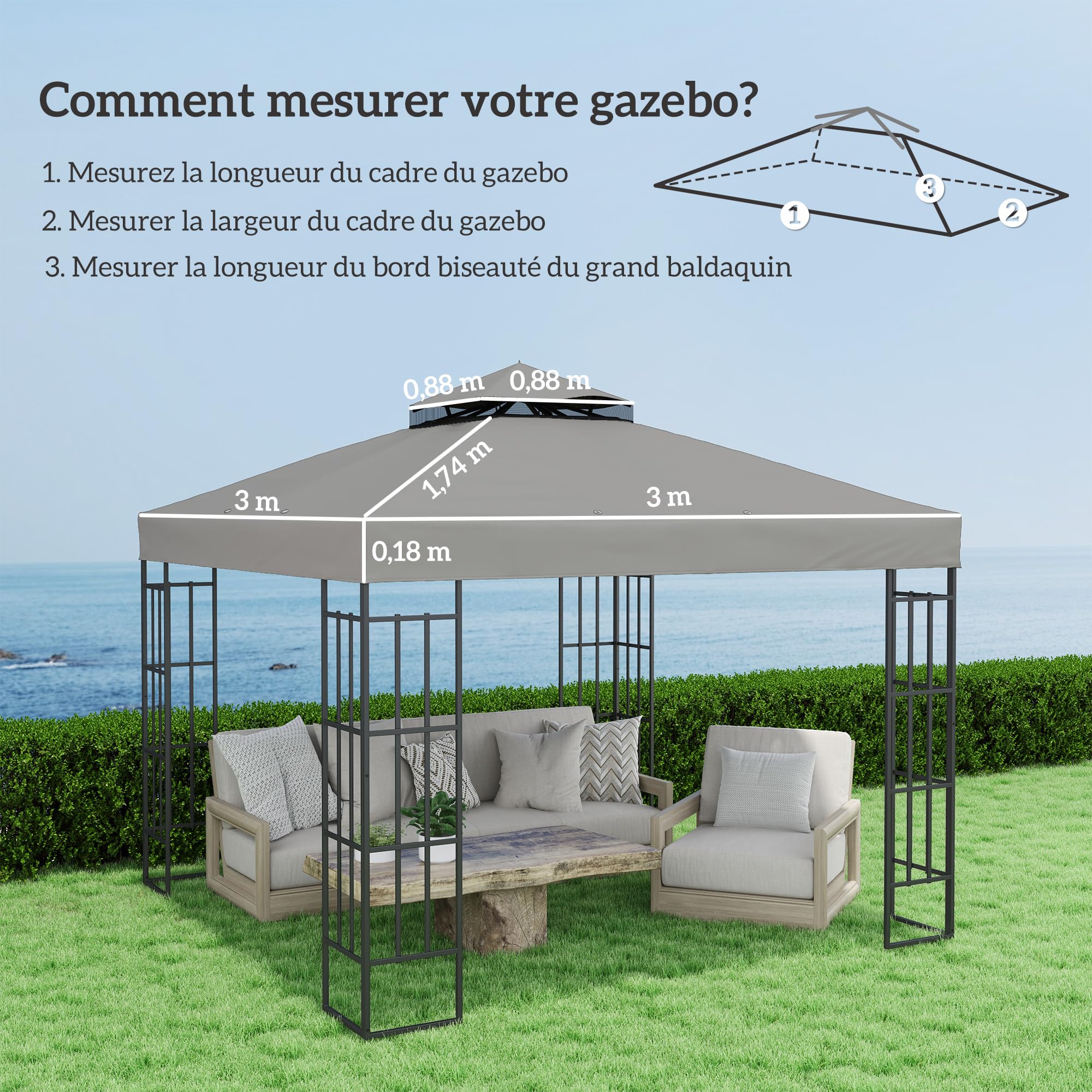 Outsunny Toile pour Tonnelle 3 x 3 m Rechange 2 Niveaux PVC Gris