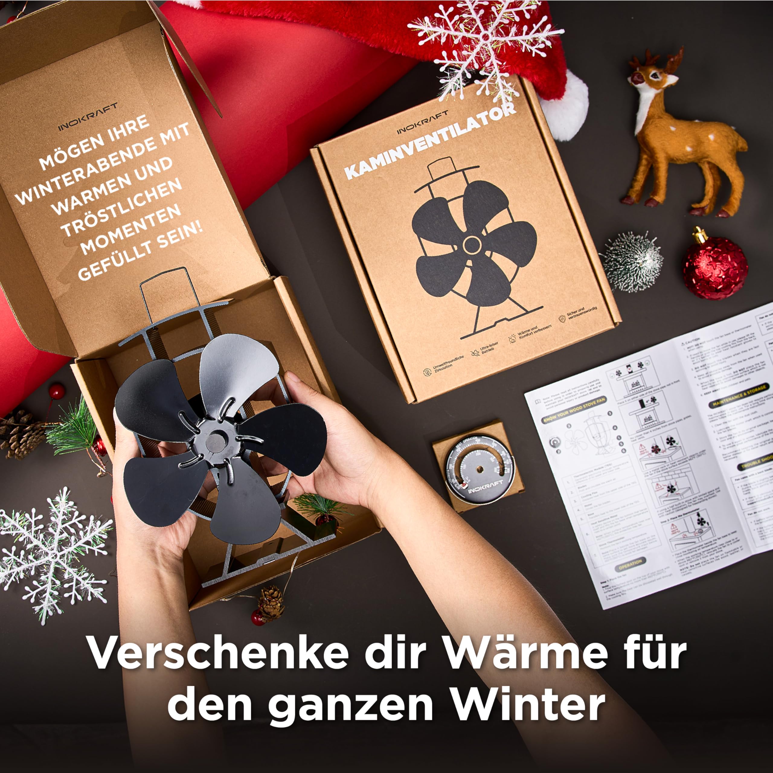 InoKraft Kaminventilator 5 Flügel Ofenventilator Ohne Strom mit Thermometer, Leiser Betrieb, Kaminöfen Wärmebetriebener Ventilator, Hitzebetrieben stove fan für Holzbrenner/Kamin, Geschenk für Eltern