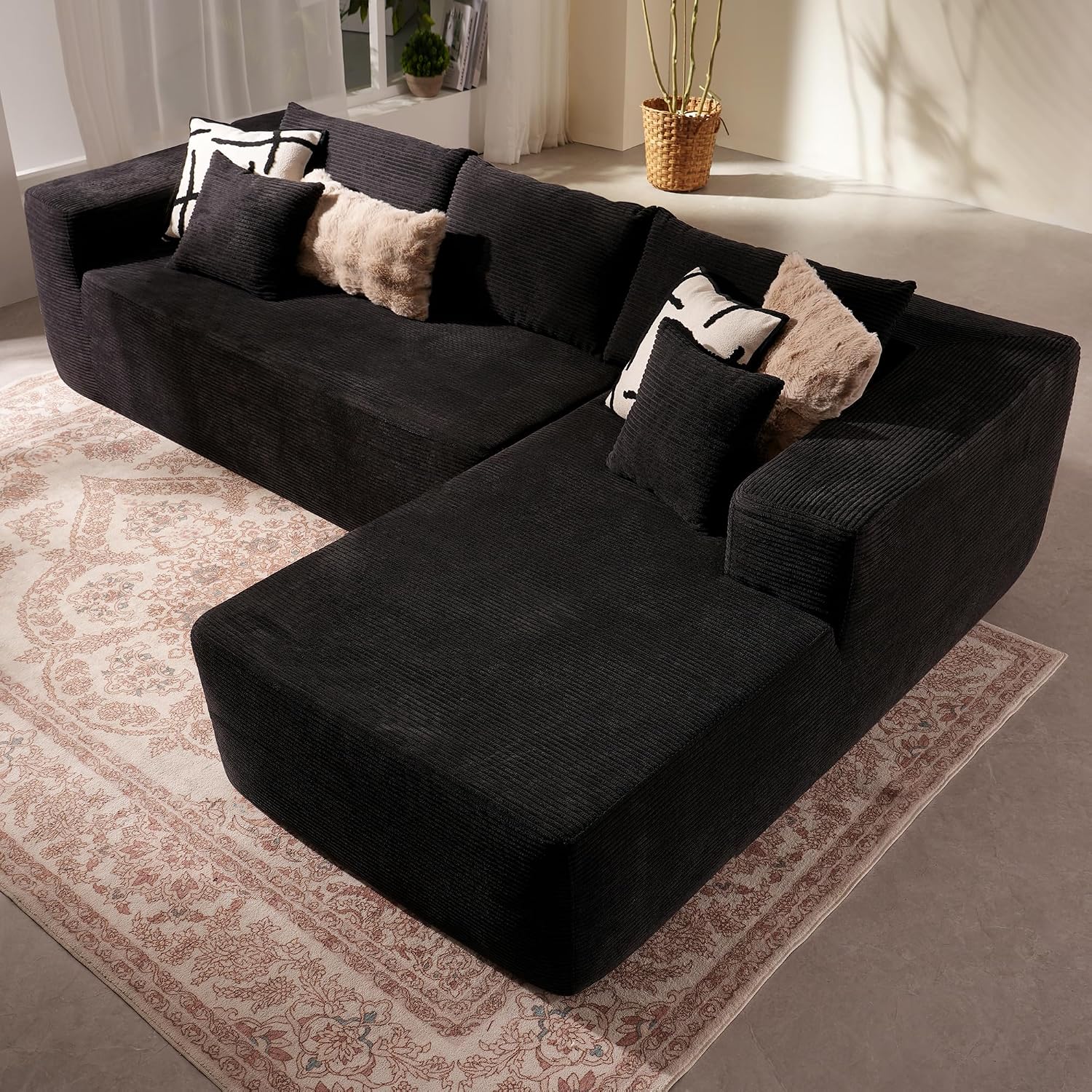 HOOOWOOO Sectional L Shaped Couch,104" Assembly Free Modern Minimalist Sofa,Extra Deep Large Sofa Set,Corner Couch in A Box for Living Room(Right Chaise Black Corduroy Uphosted)