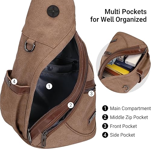 Miniatura 4 de WITZMAN Bolso bandolera de lona para hombres y mujeres, mochila convertible cruzada, estilo vintage, bolsa de pecho de viaje casual (A8003 marrón)