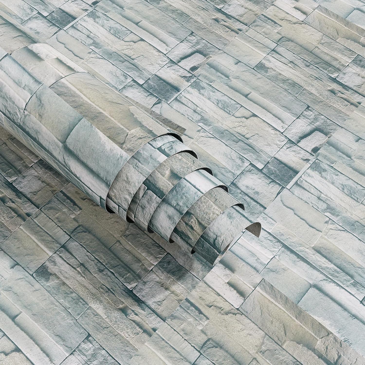 Bumoo Brick Peel and Stick Wallpaper 16" x354" Green 3D Vinyl Contact Paper Rustic Stone Waterproof Teal Self-Adhesive Removable PVC for Kitchen Accent Wall Living Room Fireplace.