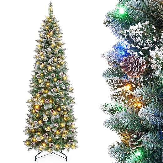 Homde Pencil Christmas Tree 6 Foot Pre-Lit Artificial Christmas Tree with Flocked Snow Pine Cone 160 Warm White Lights Holiday Decor