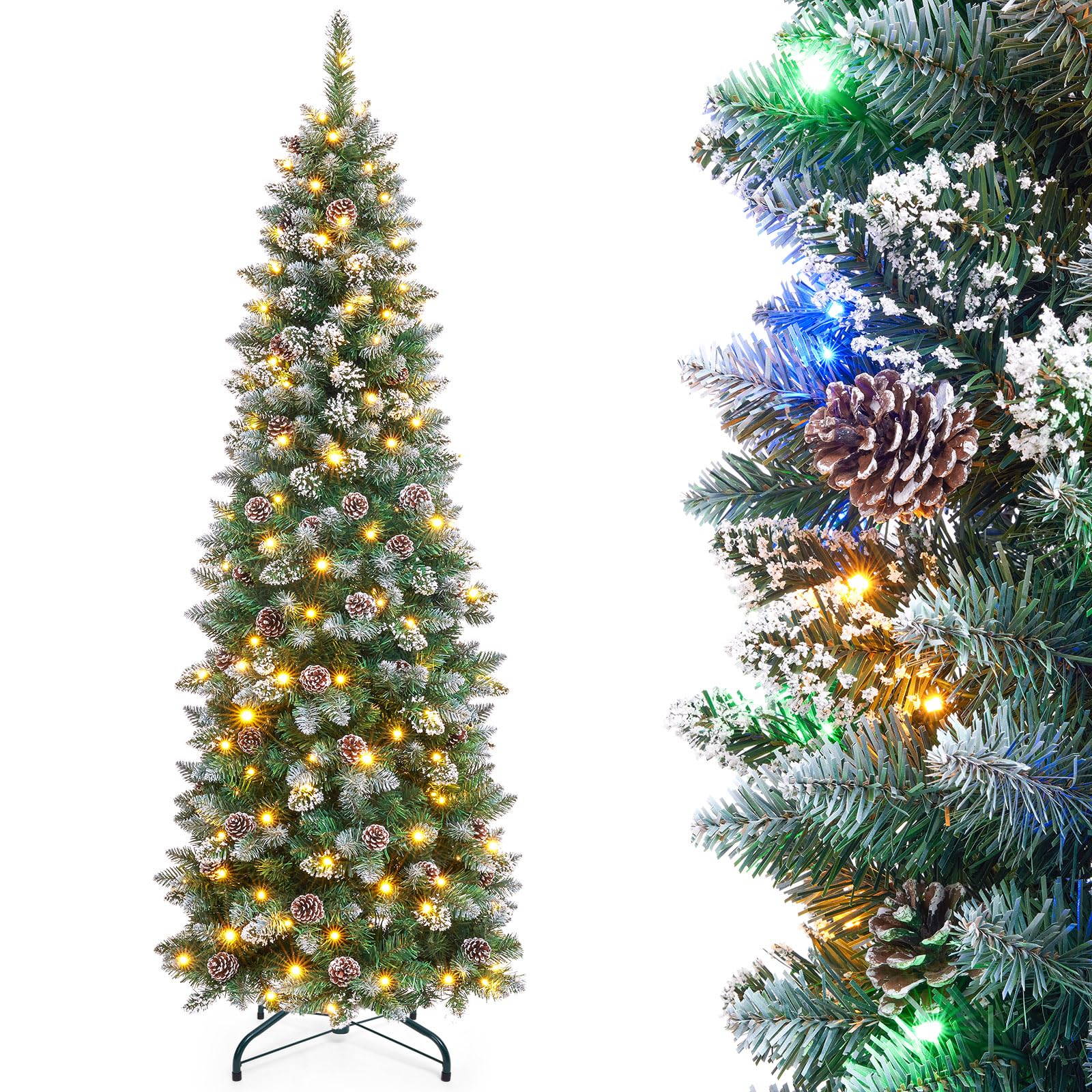 Homde Pencil Christmas Tree 7 Foot Pre-Lit Artificial Christmas Tree with Flocked Snow Pine Cone 210 Warm White Lights Holiday Decor