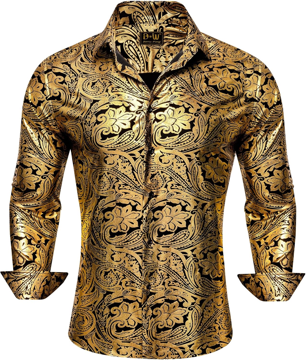 Barry.Wang Men's Disco Dress Shirt Long Sleeve Nightclub Mexico Paisley Floral Shirts Metallic Gothic Shiny Button Down Shirt