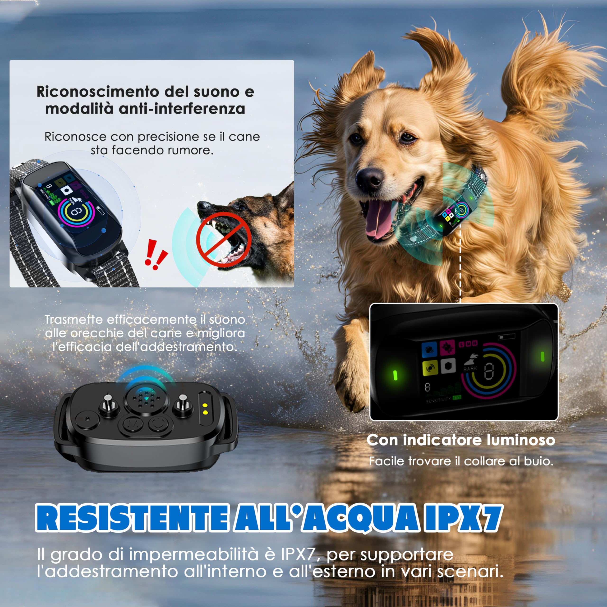 Collare Antiabbaio per Cani - Collare Elettrico Ricaricabile con 3 Modalità: Suono, Vibrazione e Vibrazione Forte - Impermeabile IPX7 - Adatto a Cani di Piccole e Grandi Dimensioni (Nero)