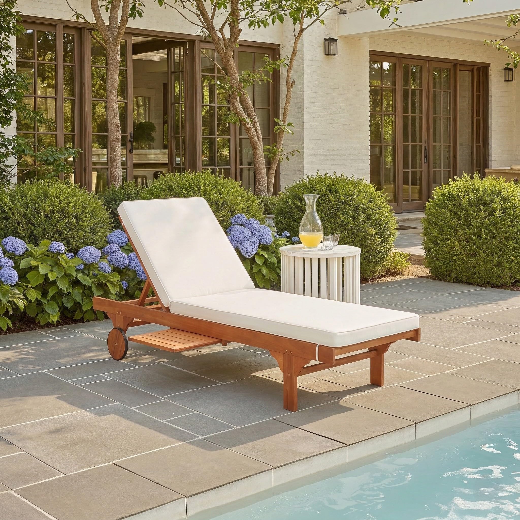 SAFAVIEH Outdoor Collection Newport Natural/ Beige Cushion Built-in Side Table Adjustable Chaise Lounge Chair