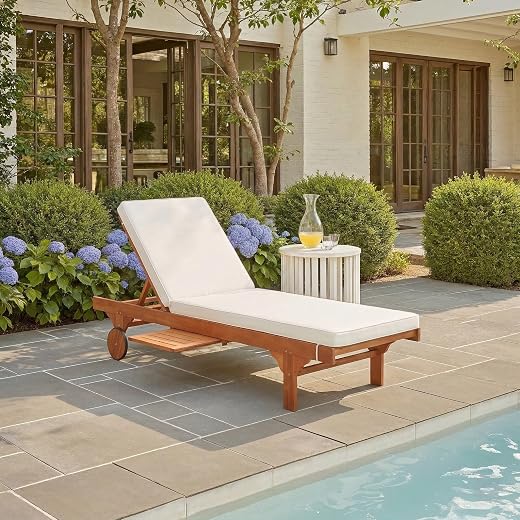 SAFAVIEH Outdoor Collection Newport Natural/ Beige Cushion Built-in Side Table Adjustable Chaise