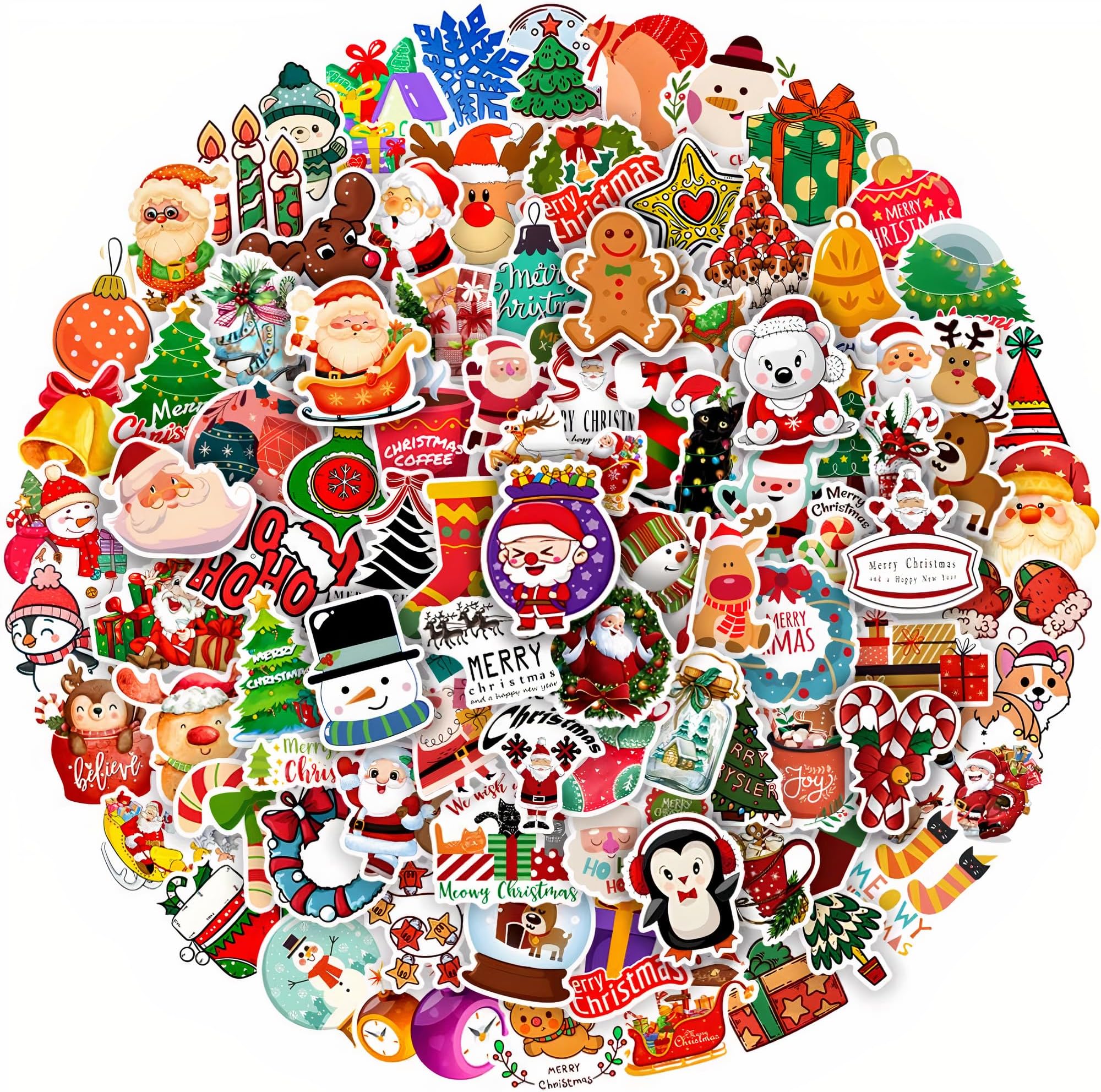 100PCS Cute Chistmas Stickers, Merry Christmas Kawaii Stickers Decal for Water Bottles Laptops, Xmas Santa Claus Snow Reindeer Christmas Tree Stickers for Kids Teens Adults (Christmas 1)