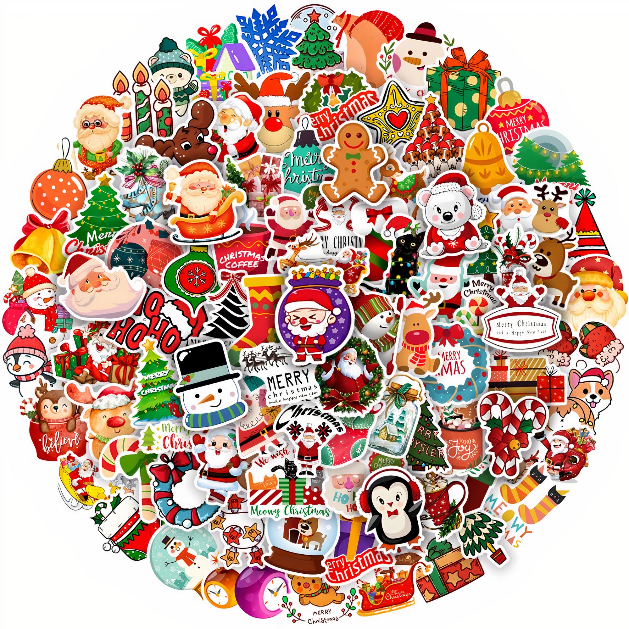 100PCS Cute Chistmas Stickers, Merry Christmas Kawaii Stickers Decal for Water Bottles Laptops, Xmas Santa Claus Snow Reindeer Christmas Tree Stickers for Kids Teens Adults (Christmas 1)