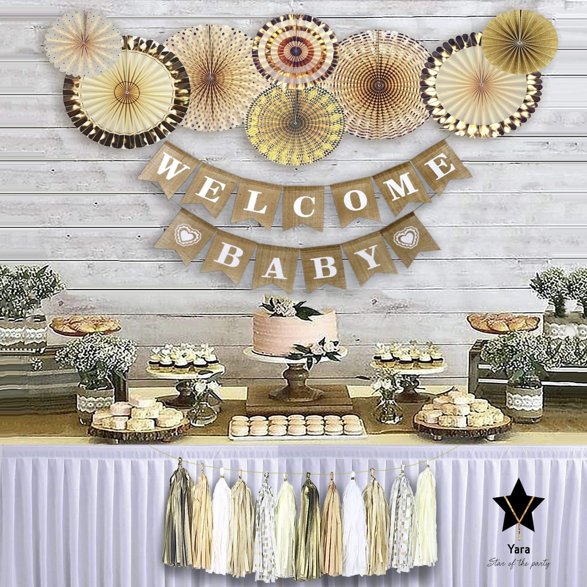 YARA Gender Neutral Baby Shower Decorations for Boy & Girl | Burlap Welcome Baby Banner | Woodland Rustic Boho Theme Oh Baby Decoration Reveal & Birthdays | Gold & Cream Decor Paper Fans & Tassels