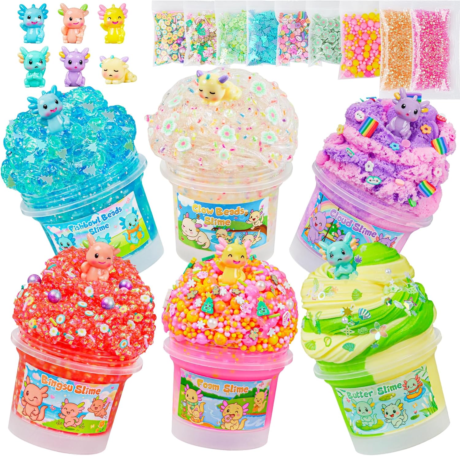 Axolotl Slime Kit 6×100ml (20oz Total) - Slime Variety Pack with Different Textures & Axolotl Charms, Glow in The Dark Slimes, Crunchy Slime, ASMR, Birthday Party Favor, Axolotl Fidget Toys