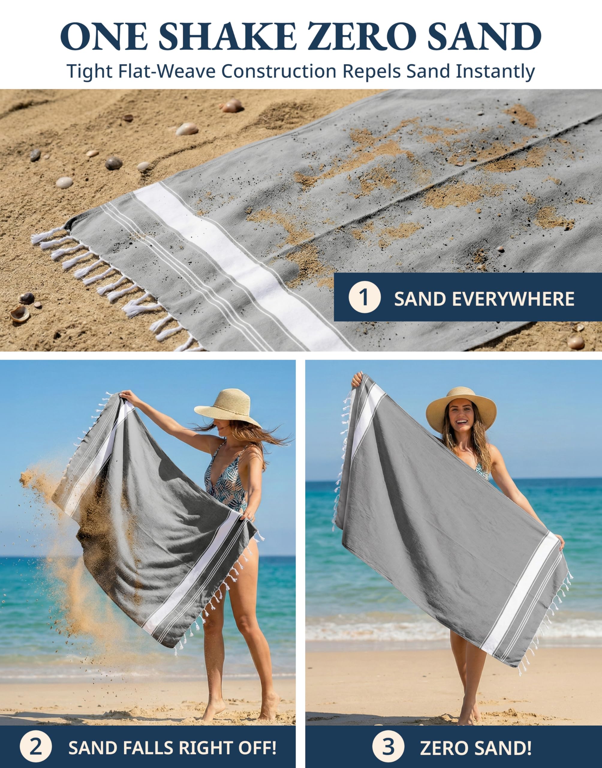 LANE LINEN Lot de 4 serviettes de plage 100 % coton avec sac, surdimensionnées, absorbantes pour piscine, voyage au sable, séchage rapide, 99 x 180 cm, noir fumé