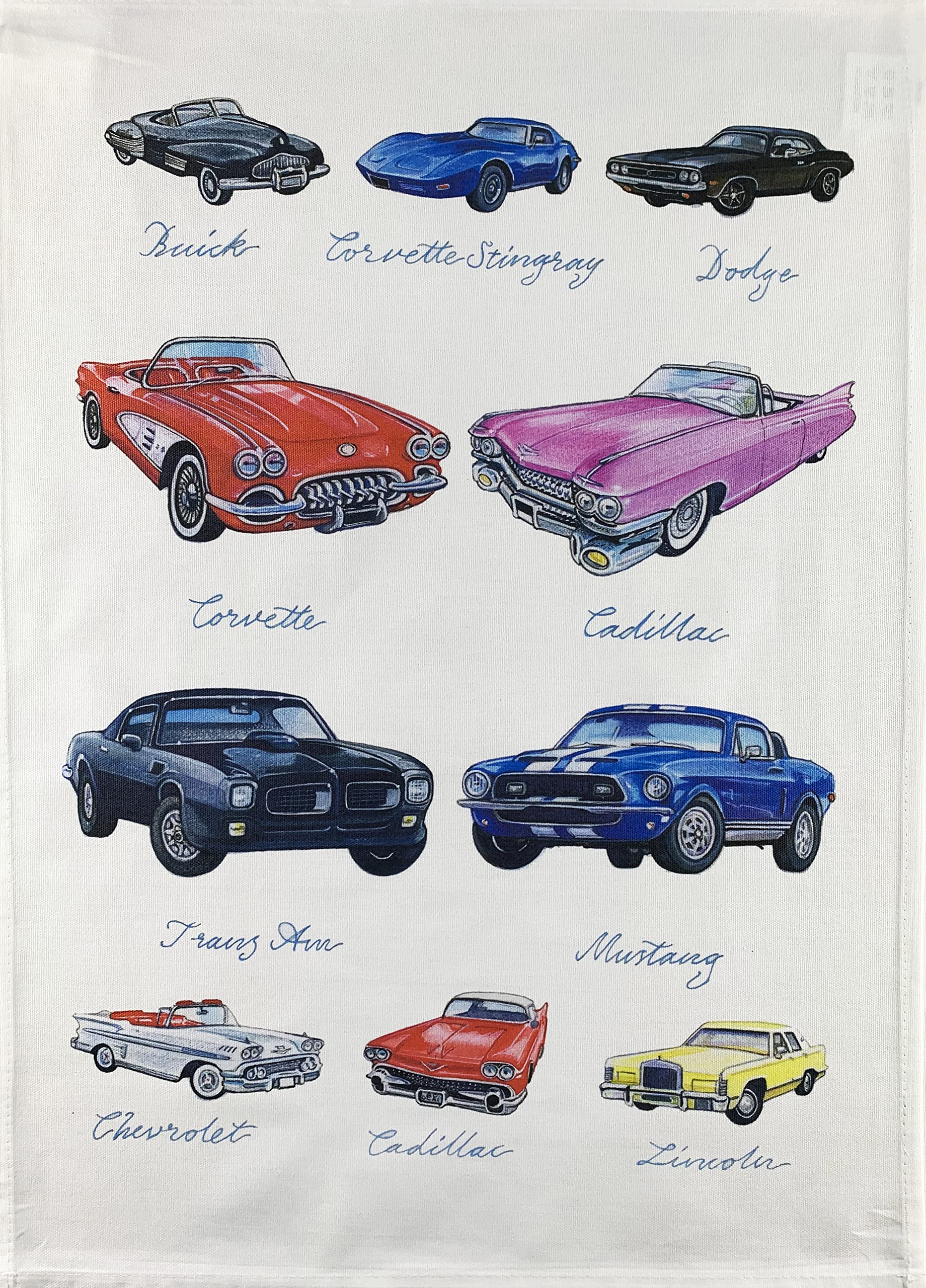 Half A Donkey White Hand Drawn Great American Cars Collection Large Cotton Tea Towel