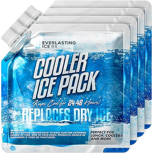 Everlasting Ice RX Reusable Ice Packs for Cooler (4 Pack) Up to 48 Hours Freezer Packs for Coolers and Lunch Boxes | 10 x 10 in | Cooler Ice Packs for Camping, Fishing, Beach, Road Trips