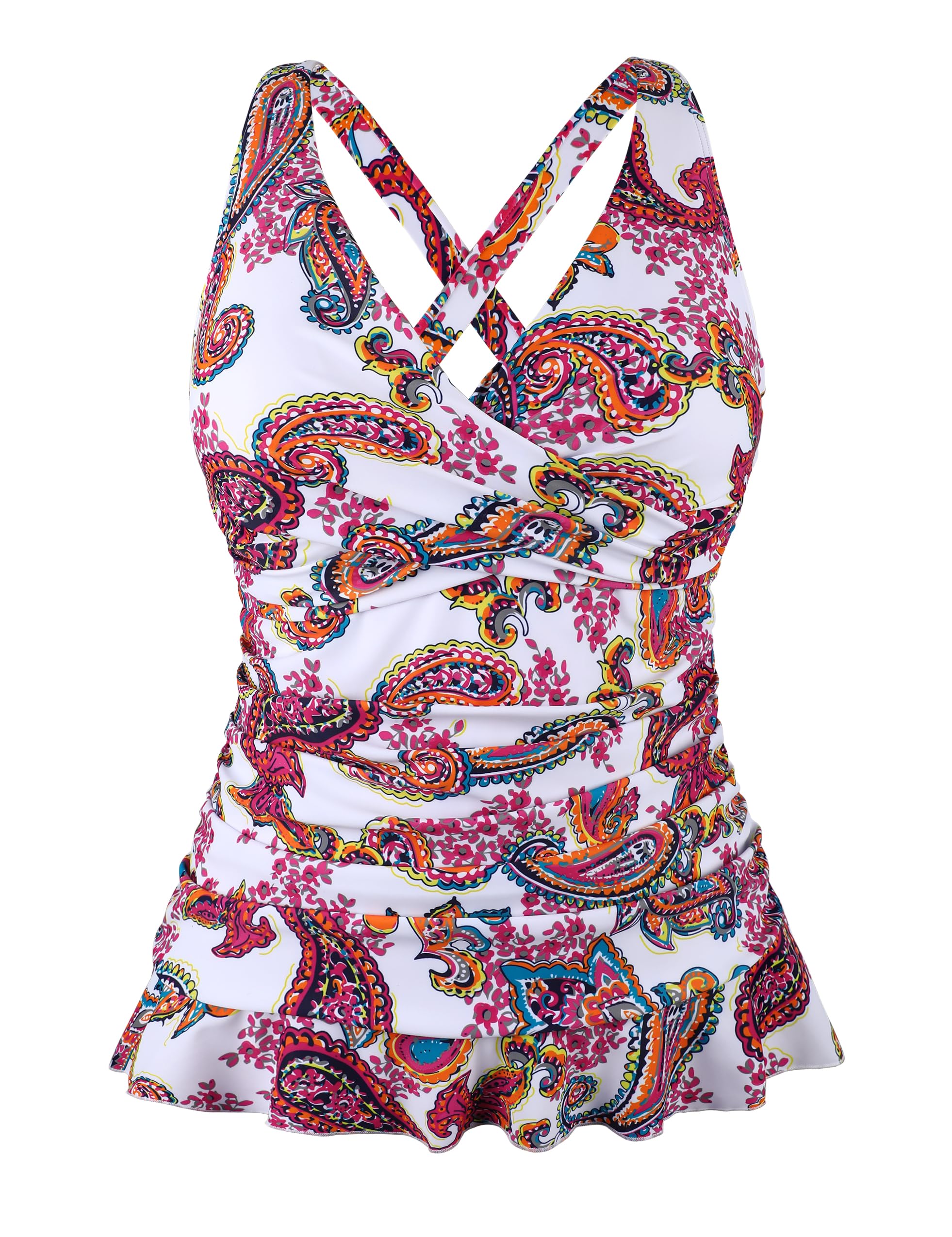 Hilor Womens Underwire Tankini Tops Tummy Control Swimsuits Crossover V Neck Swim Tops with Ruffle Hem