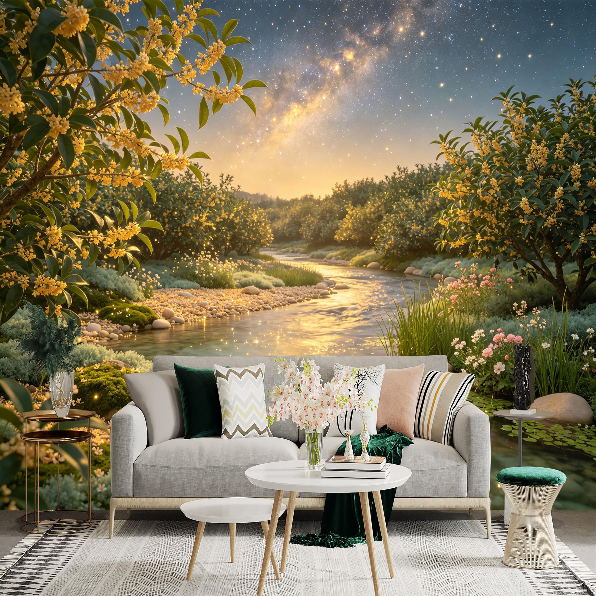 Lnzczhyre Bh260719156 Custom Size Wall Sticker Mural， Enchanting River Landscape， Glowing Night Sky， Blossoming Yellow Shrubs， Peaceful Meadow Scenery， For Wall Decoration， Peelandstick Wall Decals.