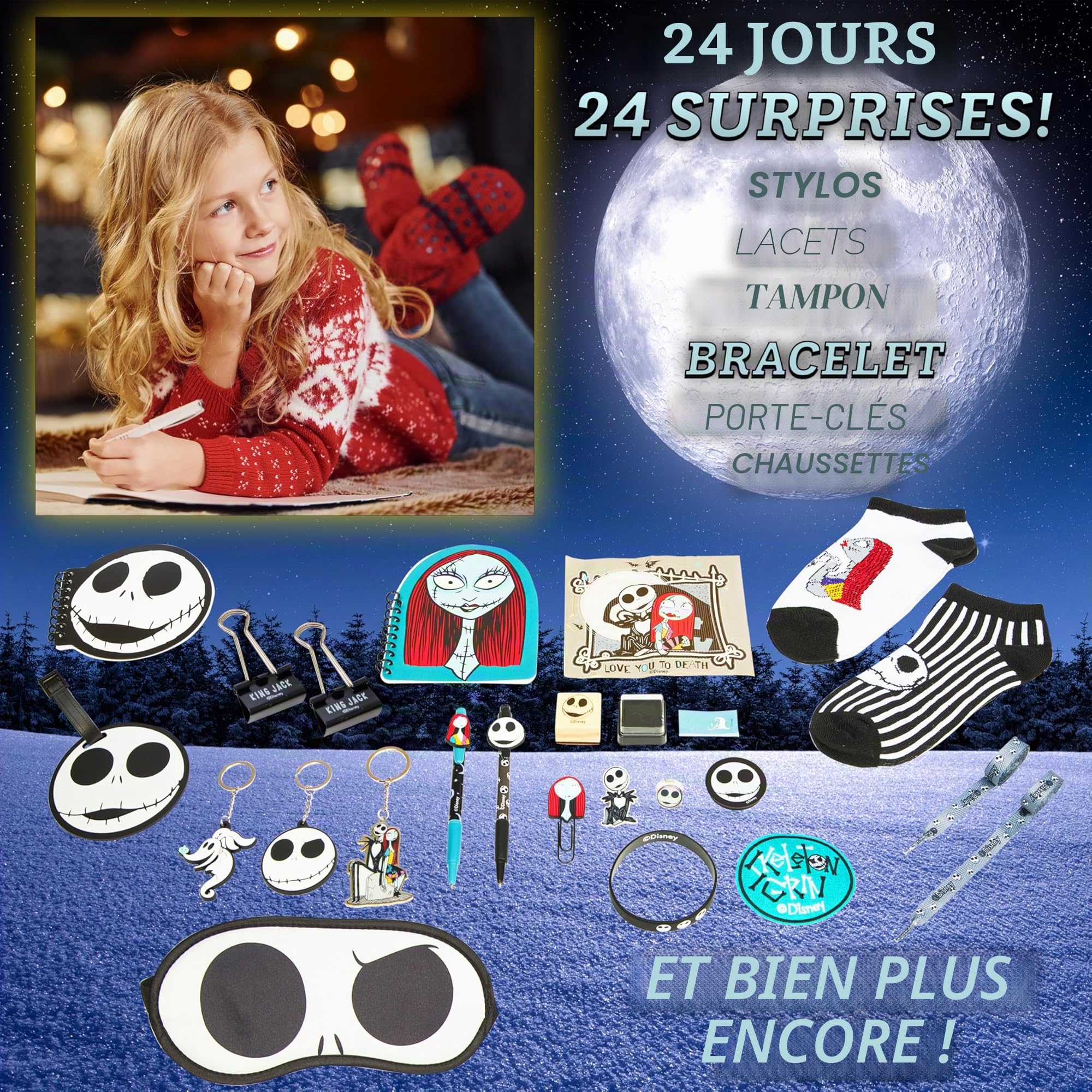 Disney The Nightmare Before Christmas Calendrier de L'avent 2025 Femme et Ado Compte à Rebours Noel Papeterie Original Accessoires Kawaii (Noir/Multi)