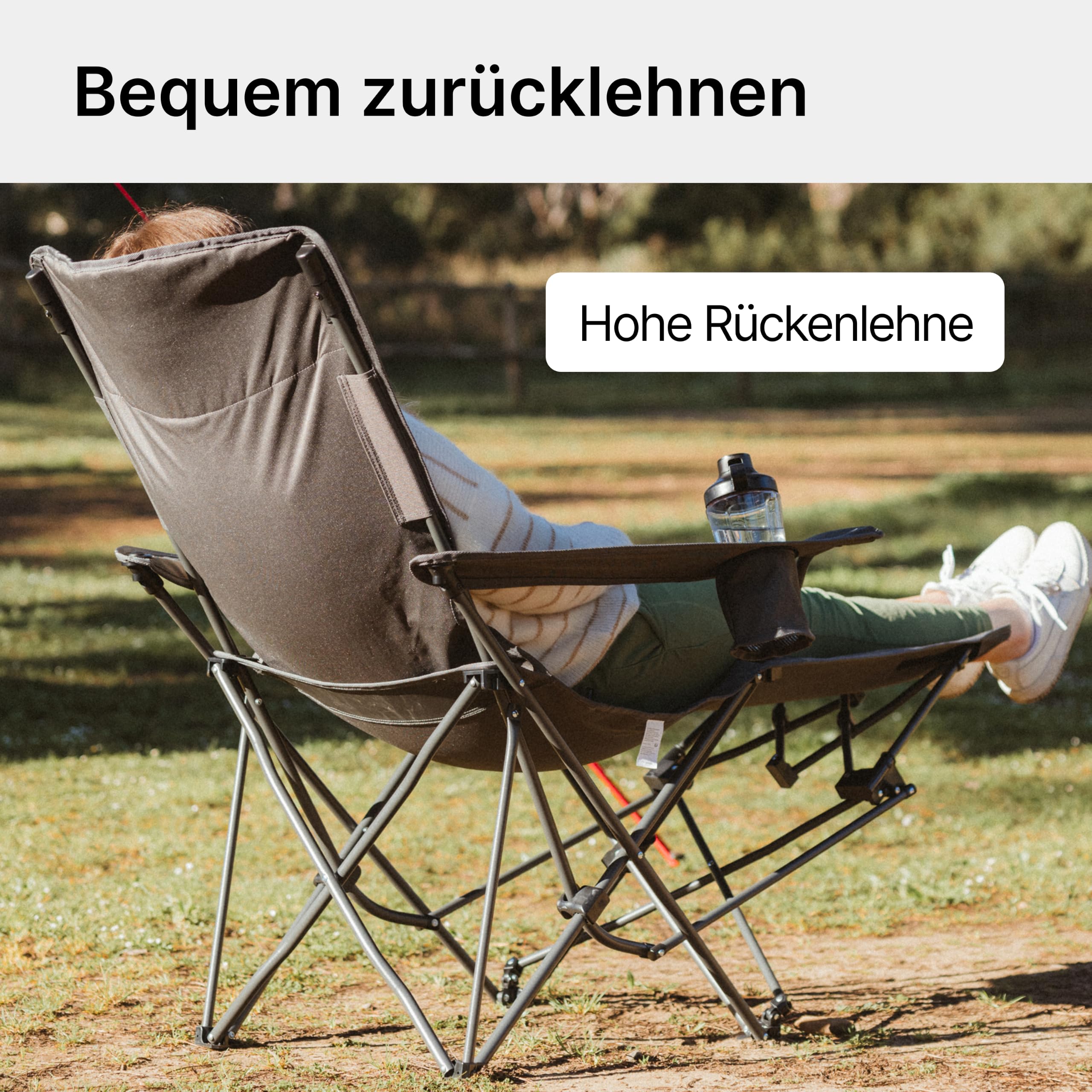 qeedo Johnny Relax Campingstuhl mit Liegefunktion, bis 105 kg belastbar, Faltstuhl mit Fußablage, Getränkehalter und Kühlfach, bequemer, Verstellbarer Angelstuhl oder Festivalstuhl