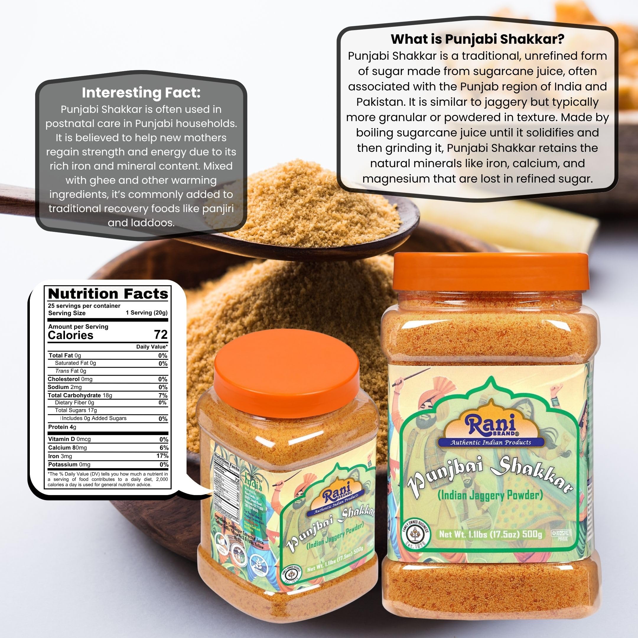Rani Punjabi Shakkar (Polvere di Gur Jaggery) Zucchero di Canna Grezzo Indiano 17.5oz (1.1lbs) 500g Vaso in PET ~ Glutine Amichevole | Vegano | NON OGM | Senza Sale o Riempitivi | Prodotto Indiano