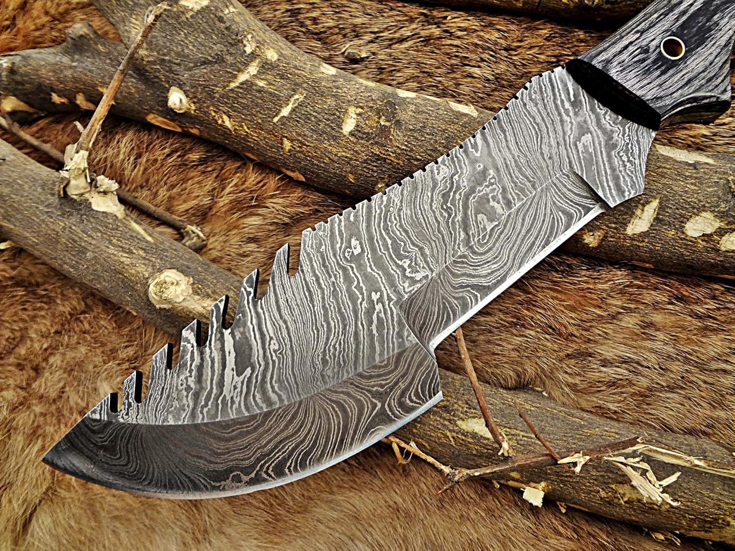 13" Long Hand Forged Twist Pattern Full Tang Damascus Steel Tracker Knife, 2 Tone Black Dollar Wood with Holes Scale, Cow Leather Sheath (Black Dollar Wood)