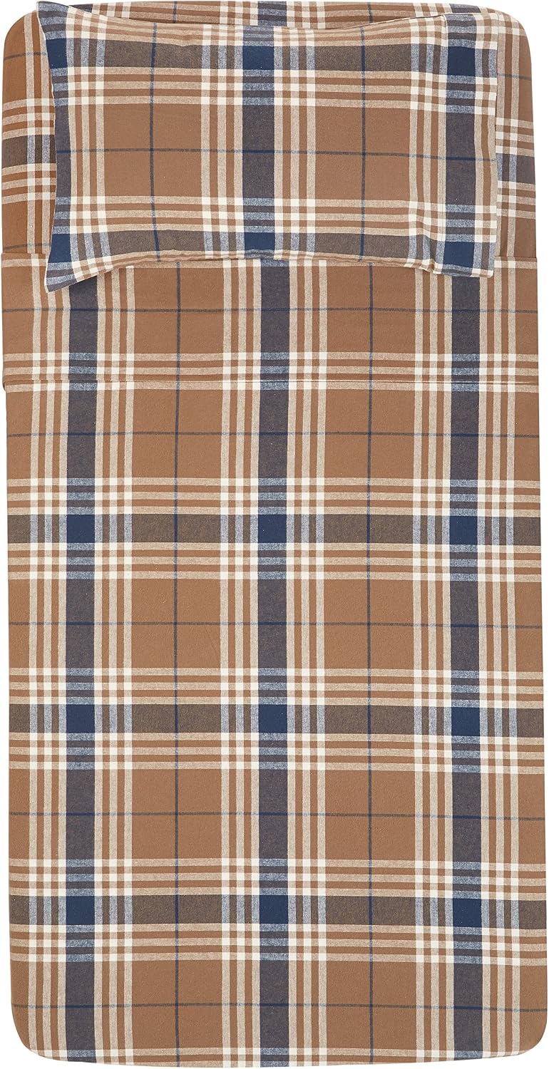 Amazon Basics Yarn-Dyed Lightweight Flannel Sheet Set - Twin Extra-Long, Brown Plaid