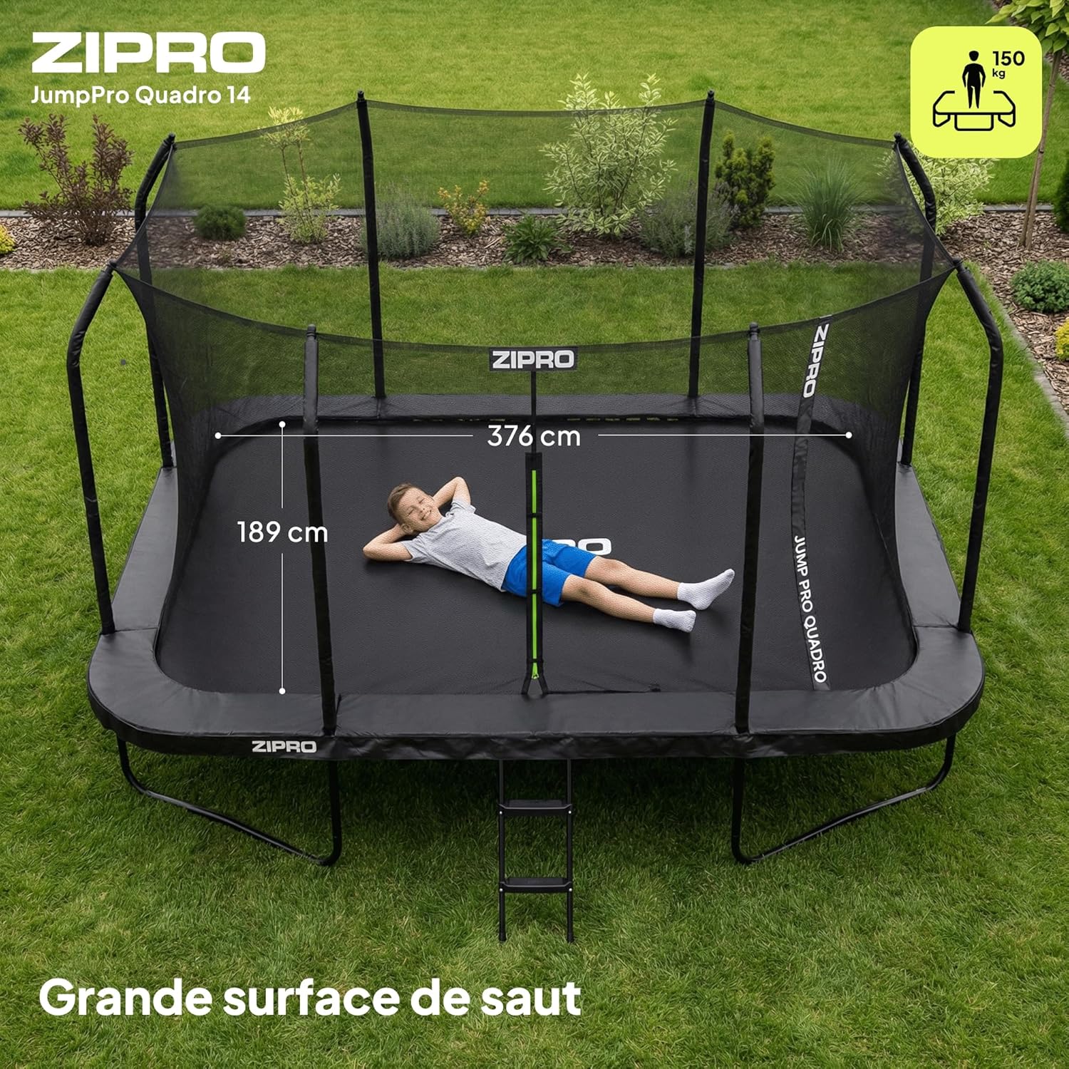 Z góry na dół view of ZIPRO JumpPro Quadro 14FT trampoline showing jumping surface dimensions