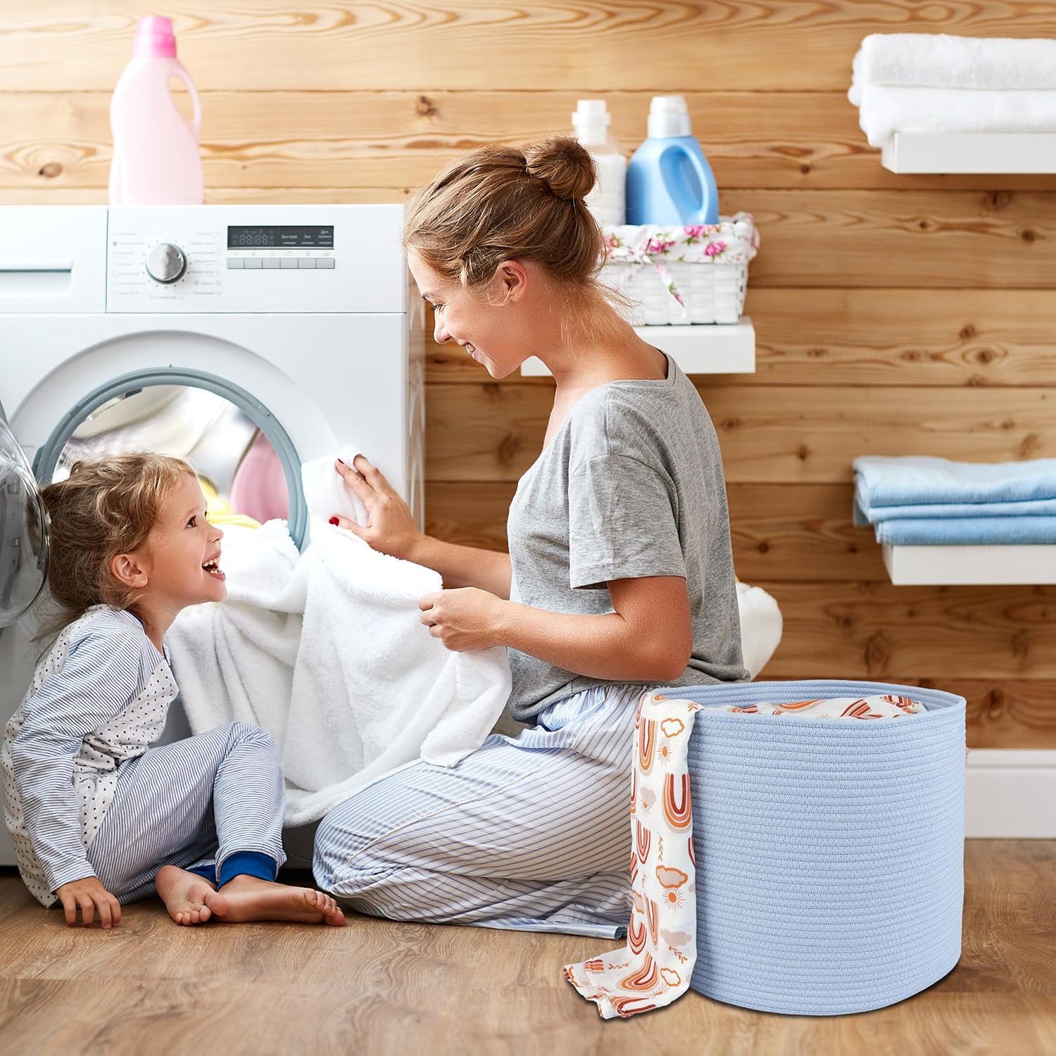 XUANGUO Cotton Rope Basket For Girls Boys Kids 16”X14” Baby Laundry Baskets Nursery Bin Round Woven Basket For Storage Toys Blankets Shoes Clothes blue