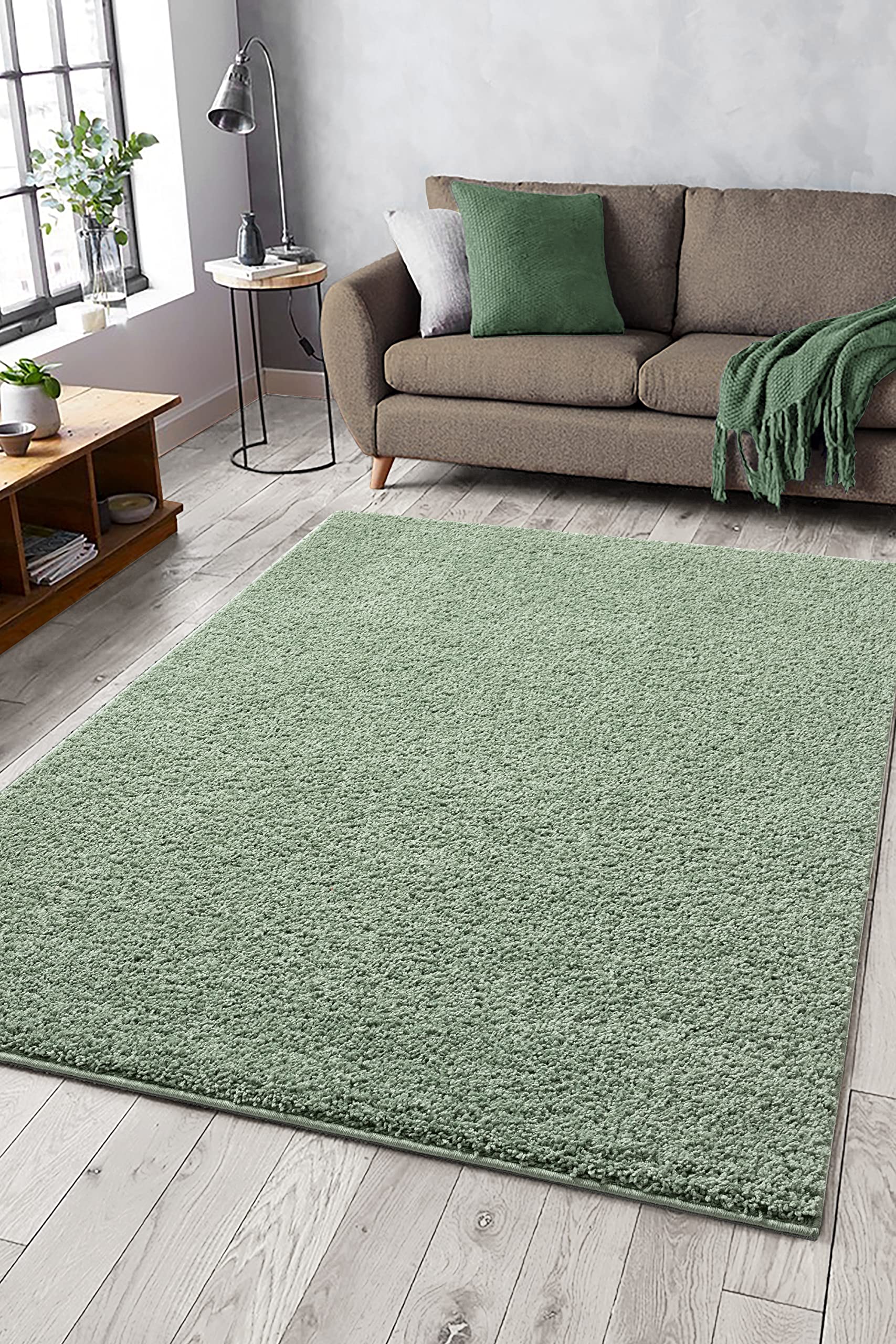Mia's Teppiche Lessy Alfombra lavable, pelo largo, pelo largo, salón, dormitorio, monocolor, lavable, antideslizante, altura del pelo de 30 mm, verde, 80 x 150 cm