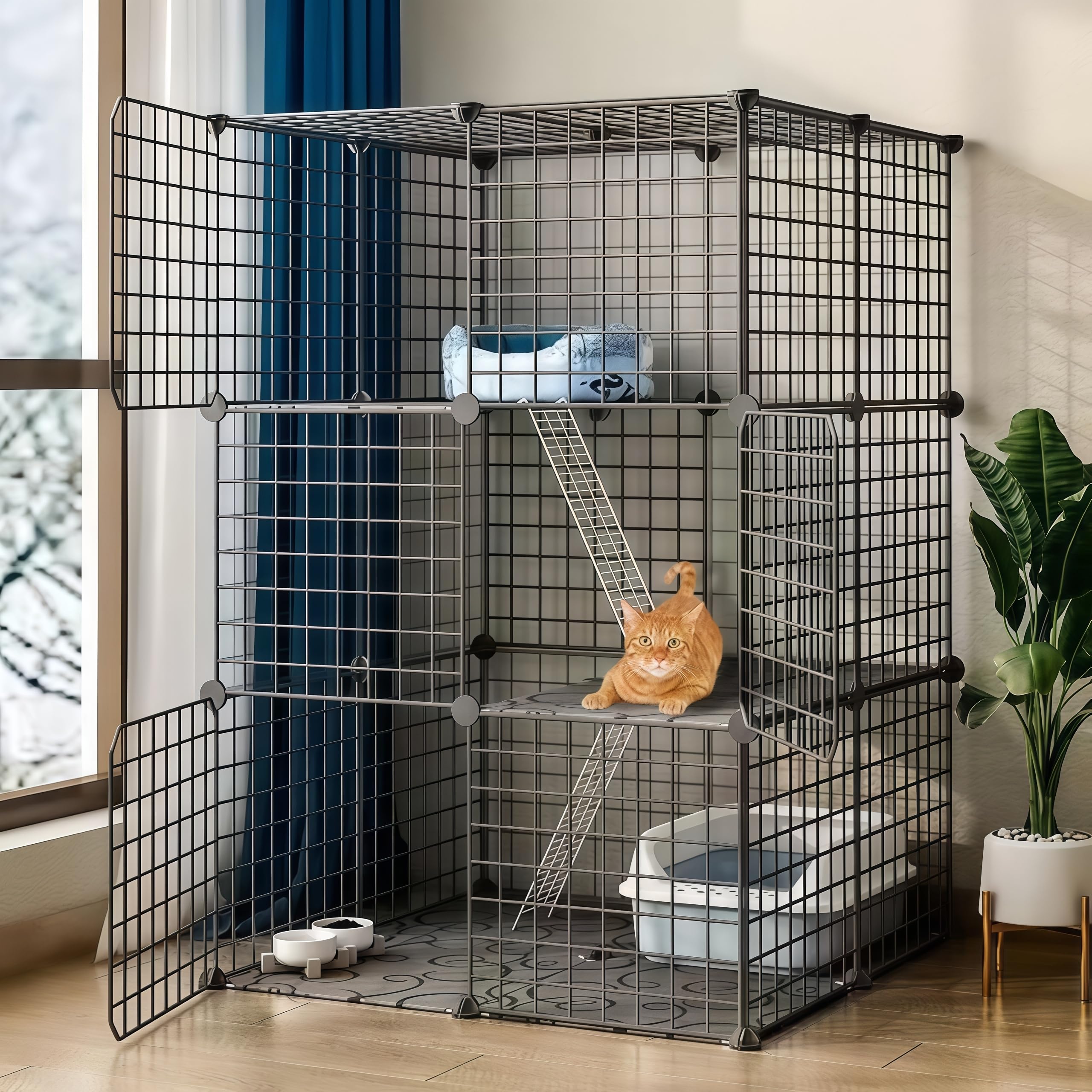 Enclos pour Chat d'intérieur à Monter soi-même, Cage Amovible en Fil métallique 70 x 70 x 105 cm, 3 Niveaux, Noir