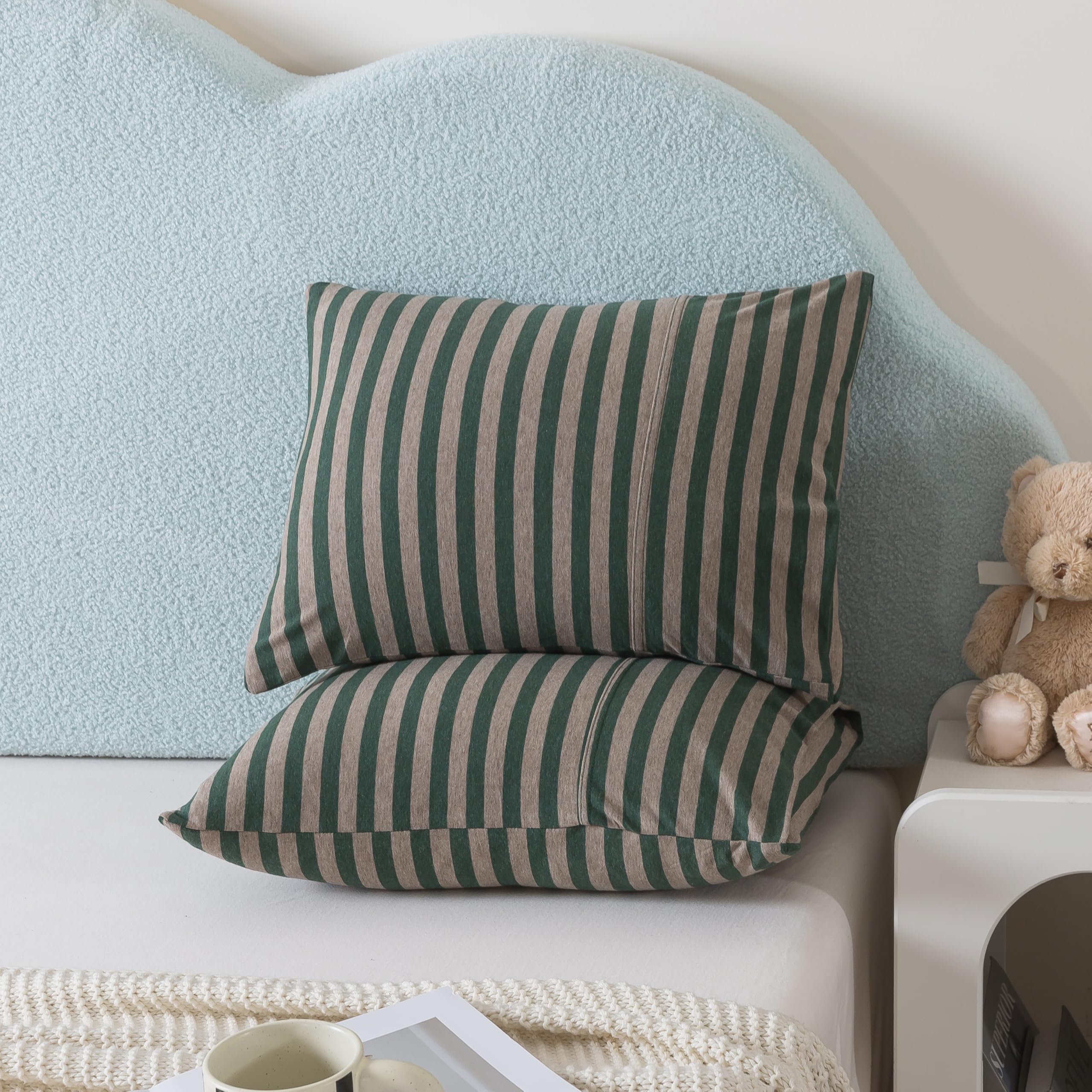 H HOUSEHOLD 2-Pack Pillowcases 100% Cotton Knit Envelope Style, Ultra Soft Breathable Standard 13x18 Inch Pillow Cover, Machine Washable Dark Green and Grey Striped
