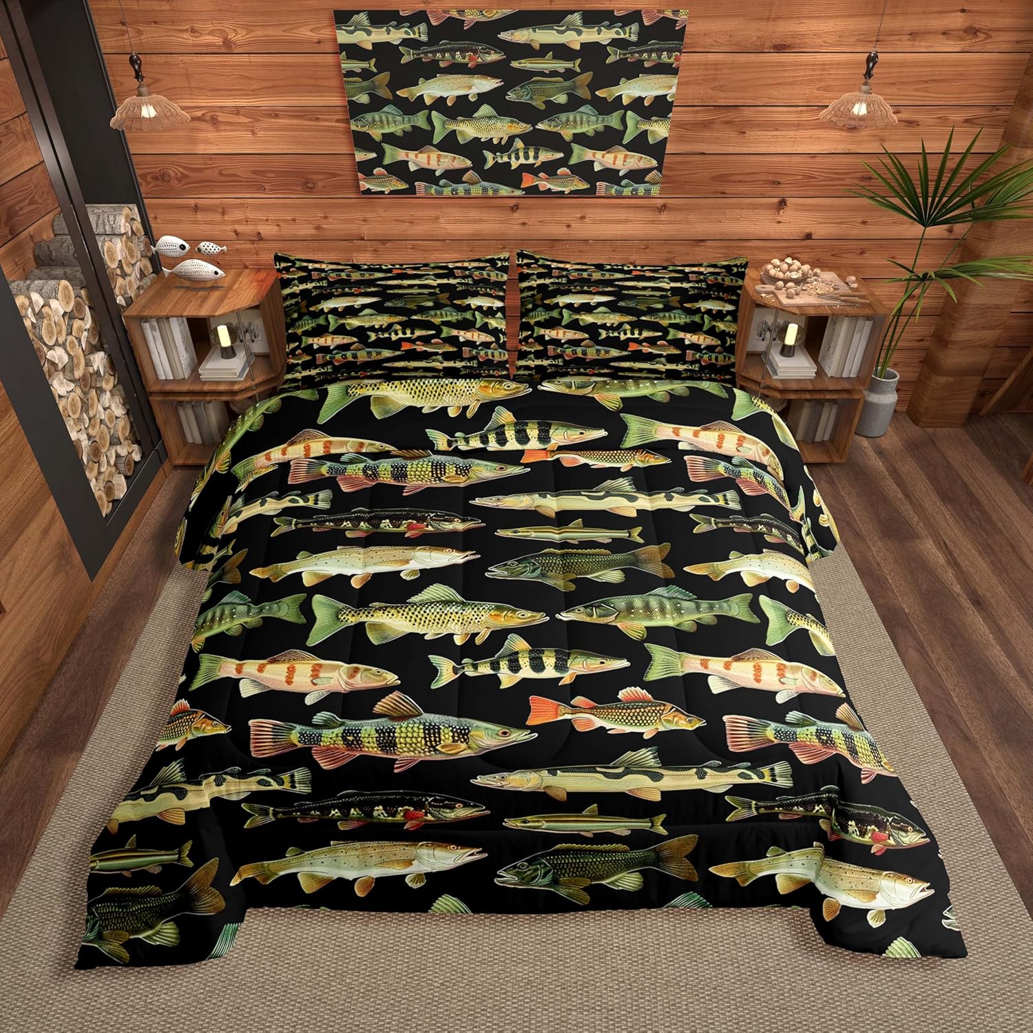 Feelyou Kids Fishing Comforter Set Queen Size Vintage Pike Fish Bedding Set for Boys Girls Room Decor Fishing and Hunting Comforter Women Men Duvet Set,1 Comforter+ 2 Pillow Shams