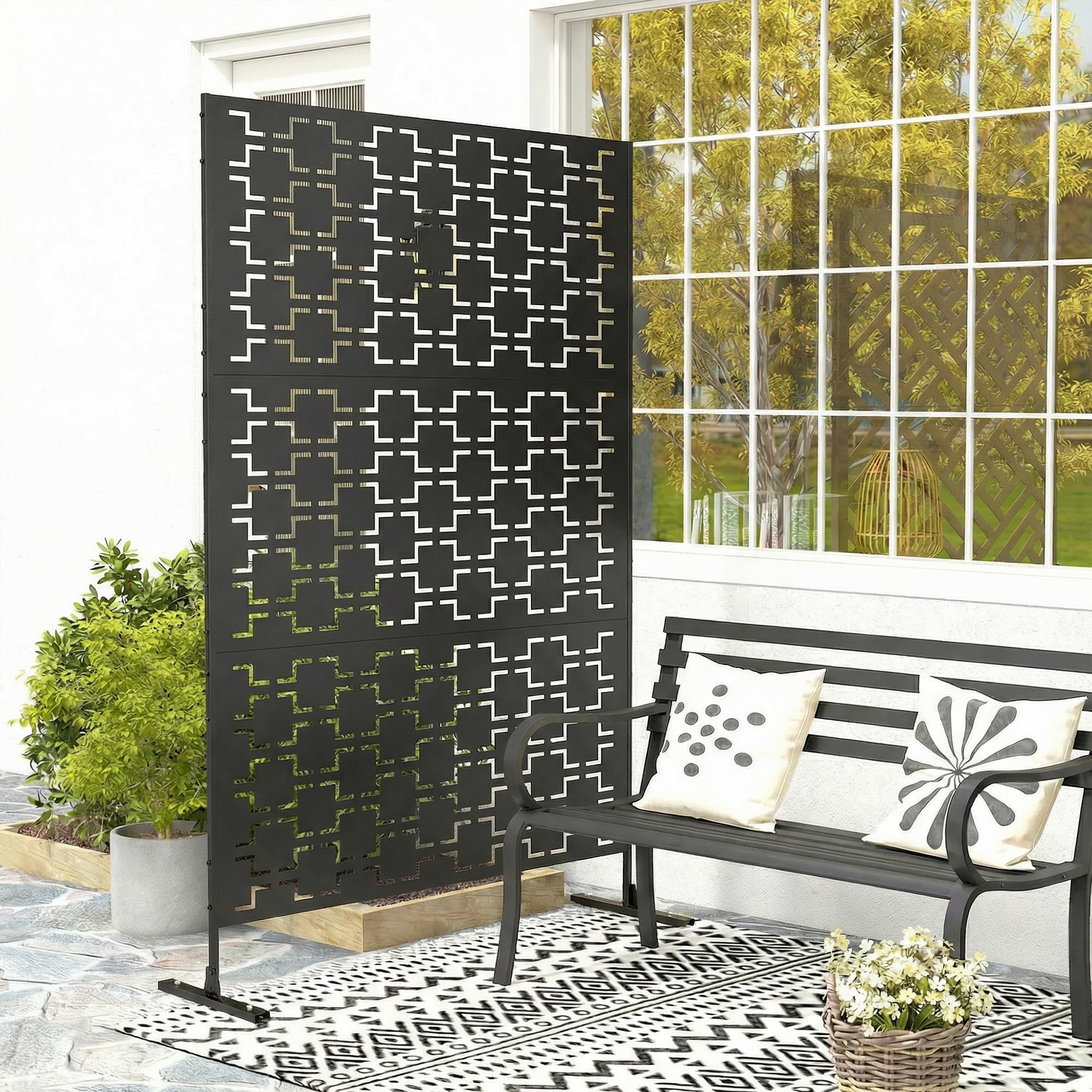 Outsunny Panneau Brise Vue décoratif paravent extérieur à Motif ajouré géométrique en métal - 122 x 45 x 198 cm, Noir