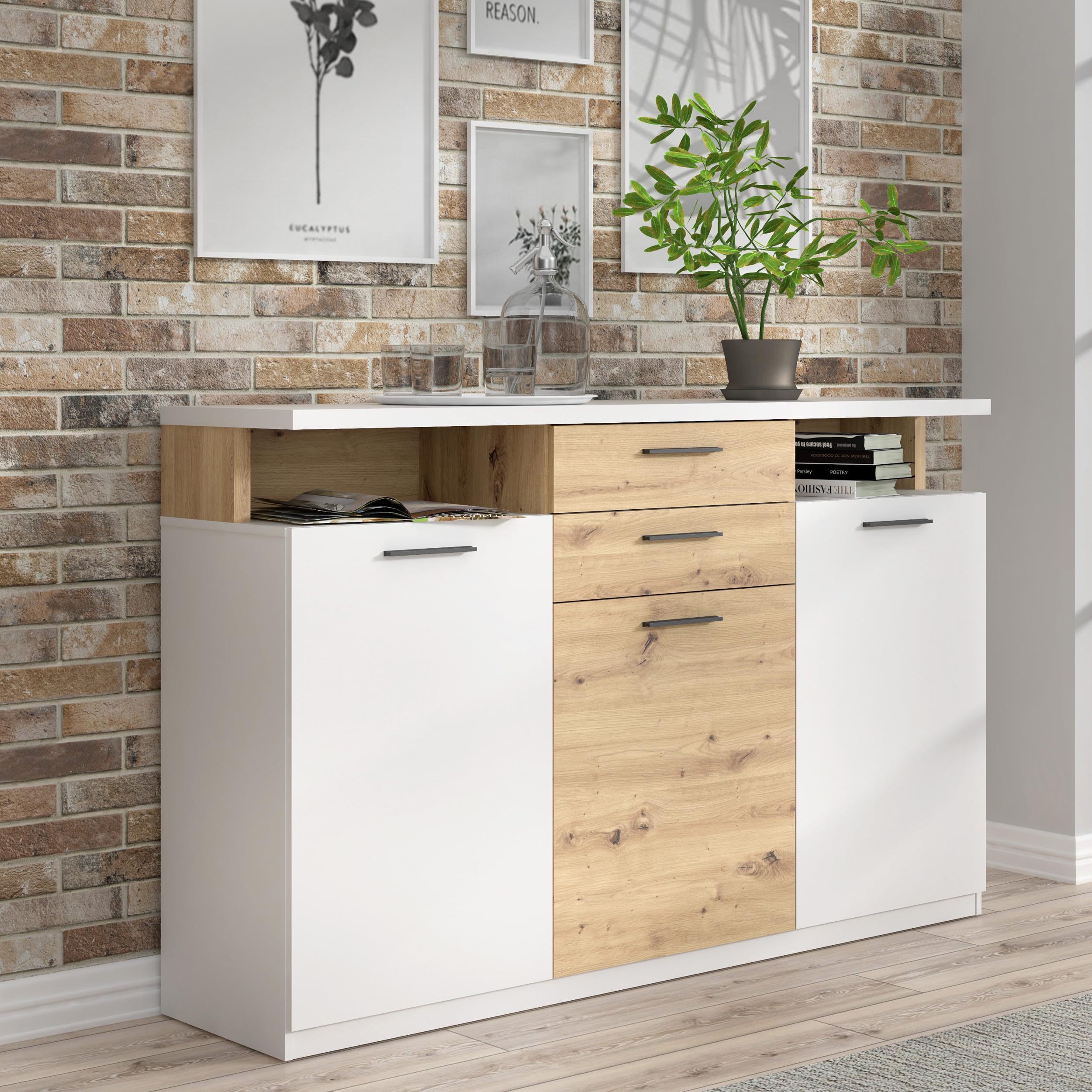 Forte WOY Sideboard 170, modernes Sideboard mit Ablage-Aufsatz, 3-türig, 2 Schubladen, Wohnzimmer, Flur, Holzwerkstoff, Weiß mit Artisaneiche Holzdekor, 169,6 cm breit x 106,5 cm hoch x 42 cm tief