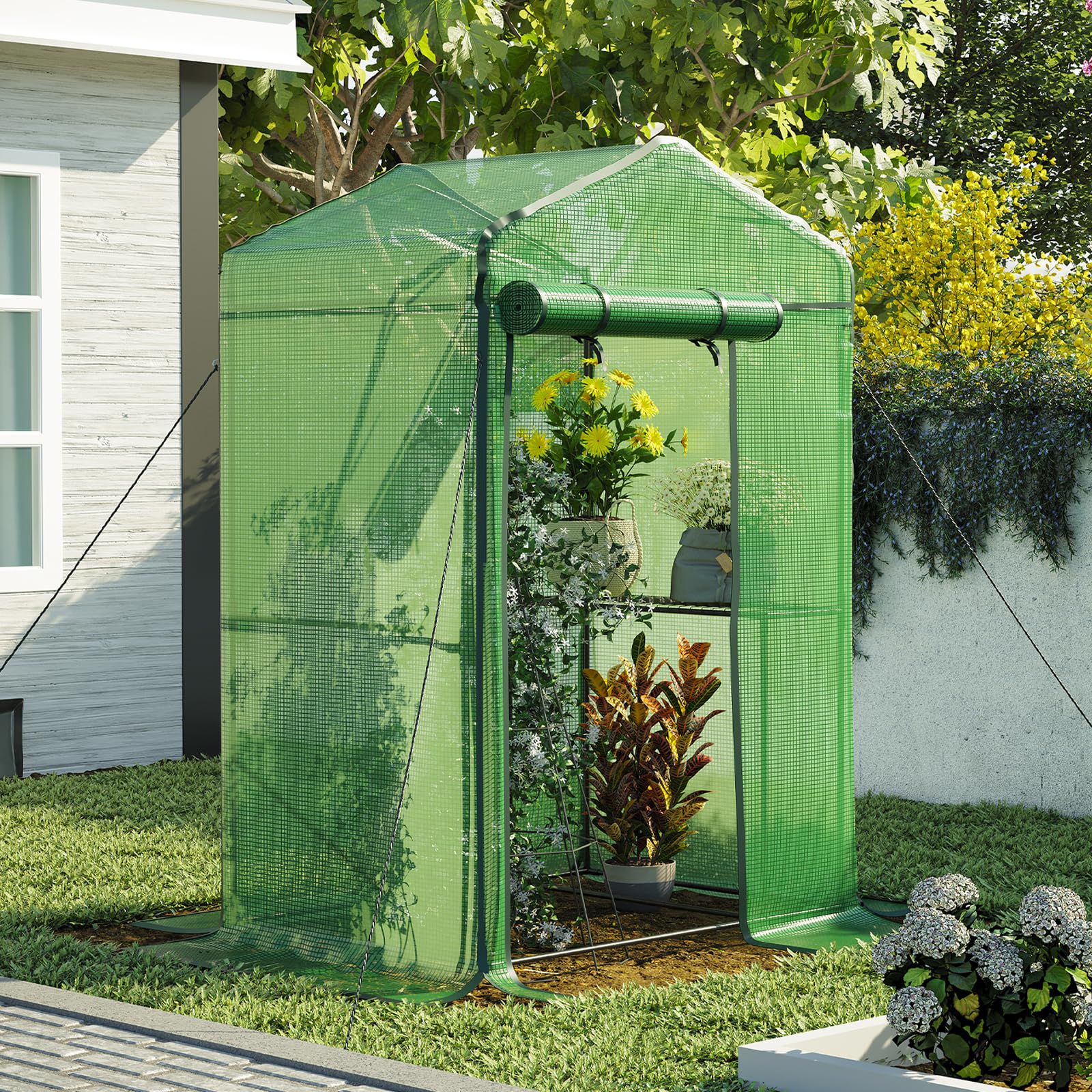 LARMNEE Serra da Giardino con Tetto a Punta, Serra per Pomodori, con Sportello Avvolgibile, per Balcone, Terrazza, Resistente alle Intemperie Anti-UV, Facile per Verdure, Fiori, Verde EGN18GH02