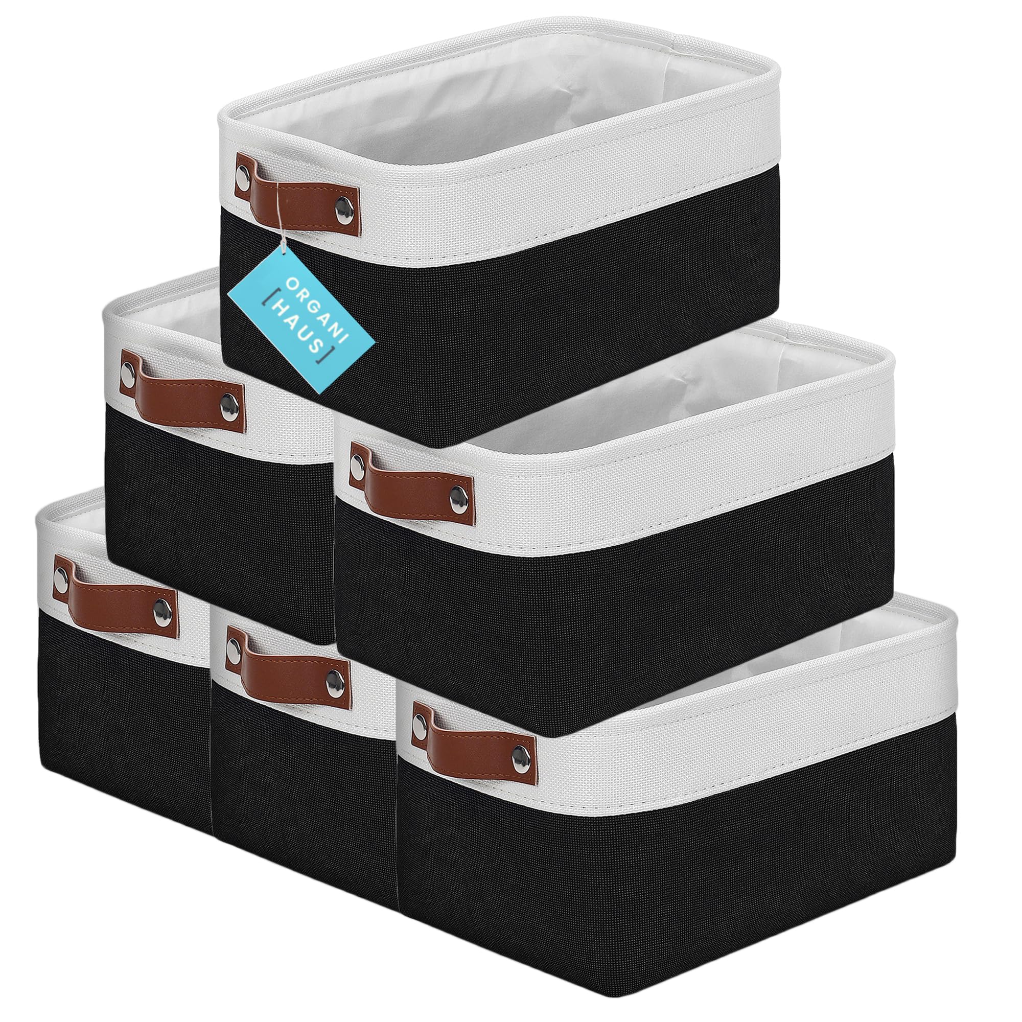 OrganiHaus Small Fabric Storage Baskets for Shelves 6 Pack | 12x8in Closet Storage Bins for Shelves | Cloth Baskets for Organizing | Linen Closet Organizers | Fabric Basket - Black/White