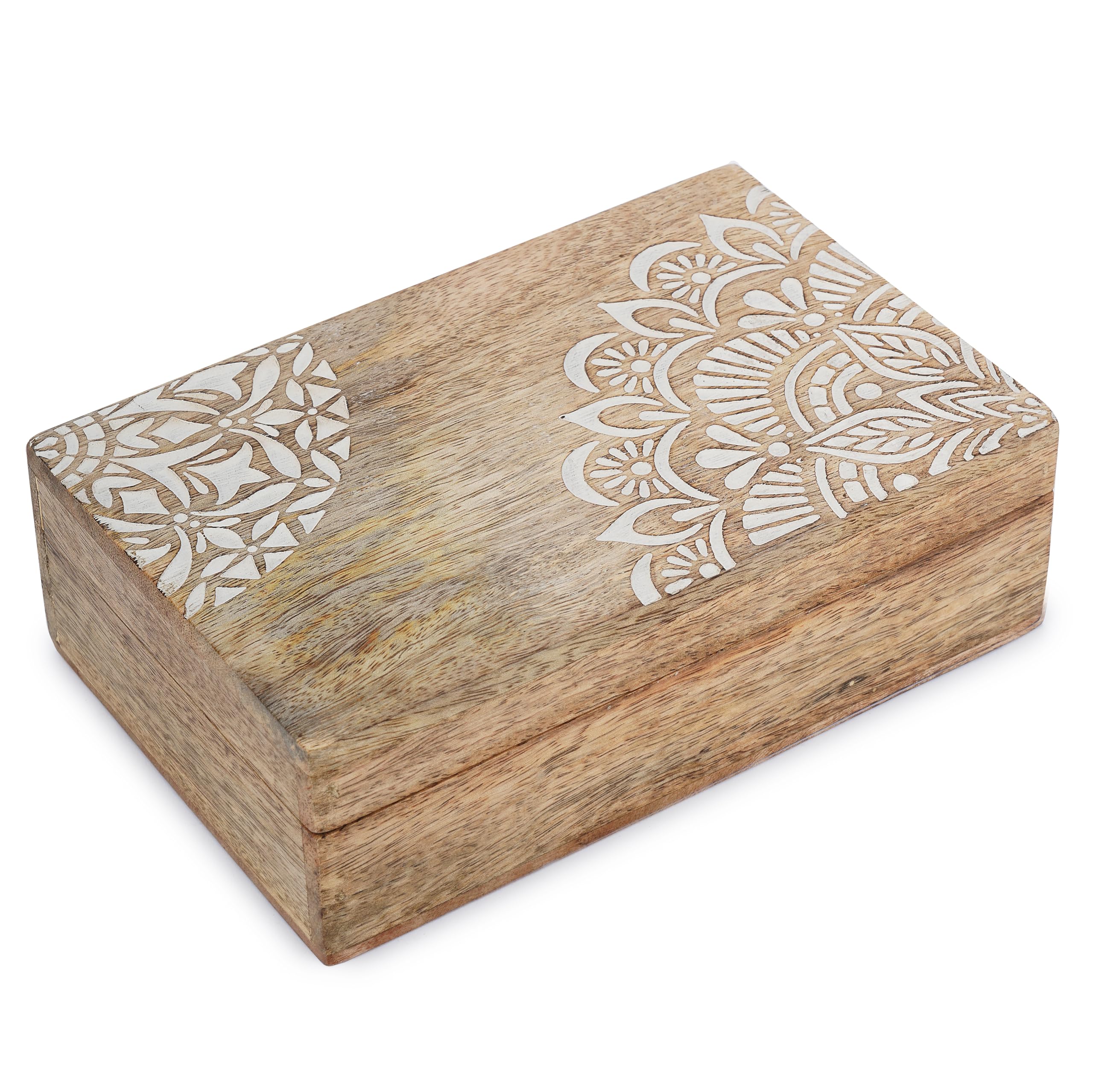 Ajuny Mango Wood Keepsake Box 8 x 5 Inch Floral Carved Jewellery Box