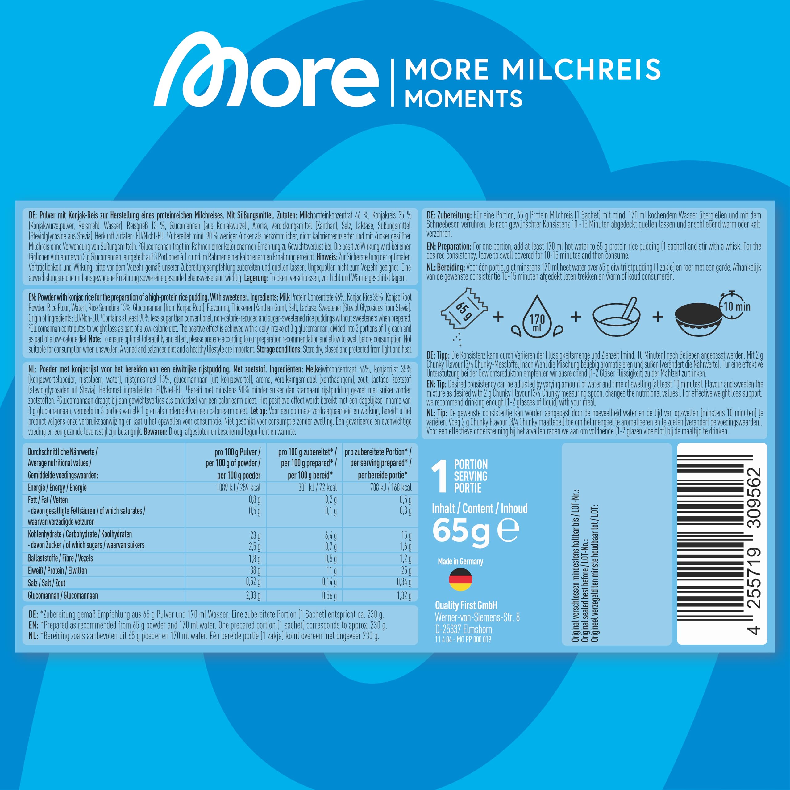 More Protein Milchreis, 10er Tray, 10 x 65 g, 25 g Eiweiß pro Portion, schnelle Zubereitung ohne Kochen, cremig leckerer Milchreis mit weniger Zucker und Fett, perfekt zum Verfeinern