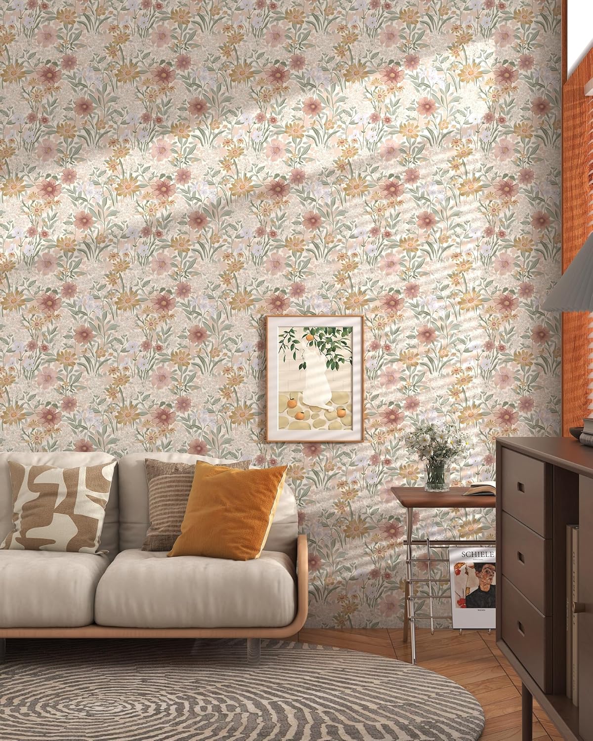 Peel and Stick Wallpaper Floral Contact Paper Boho 17.3"x393" Vintage Self-Adhesive Wallpaper Beige Removable Decorative Contact Paper for Cabinets and Drawers Bathroom Wallpapers Vinyl Roll
