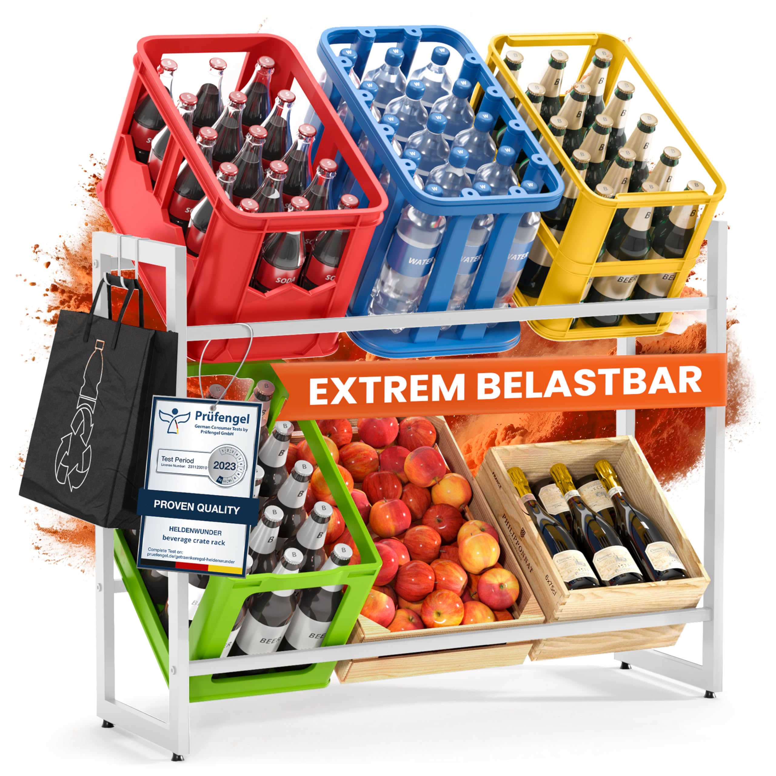 Heldenwunder Getränkekistenregal (6 Kisten) Metall 2 Haken - Höhenverstellbar, Extrem Standfest | Bierkisten-Regal Wasser-Kistenregal Getränke-Regal Weinkistenregal Getränkekisten Flaschenregal